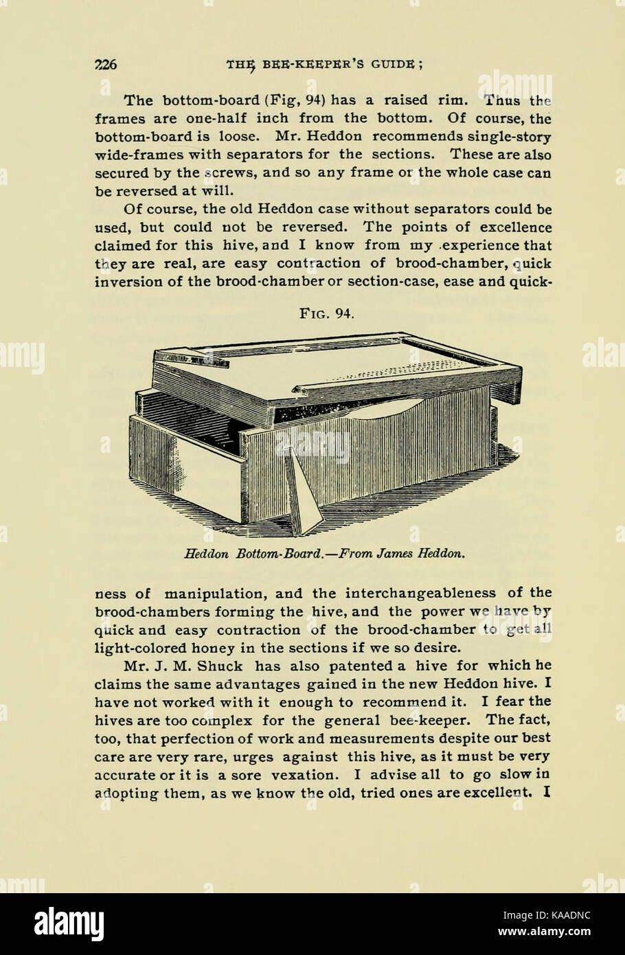 Page 226 from 'The Bee Keeper's Guide,' a book offering guidance on beekeeping practices. This page likely includes instructions, tips, or illustrations on managing hives, harvesting honey, or maintaining bee health. It serves as an informative resource for both beginners and experienced beekeepers. Stock Photo