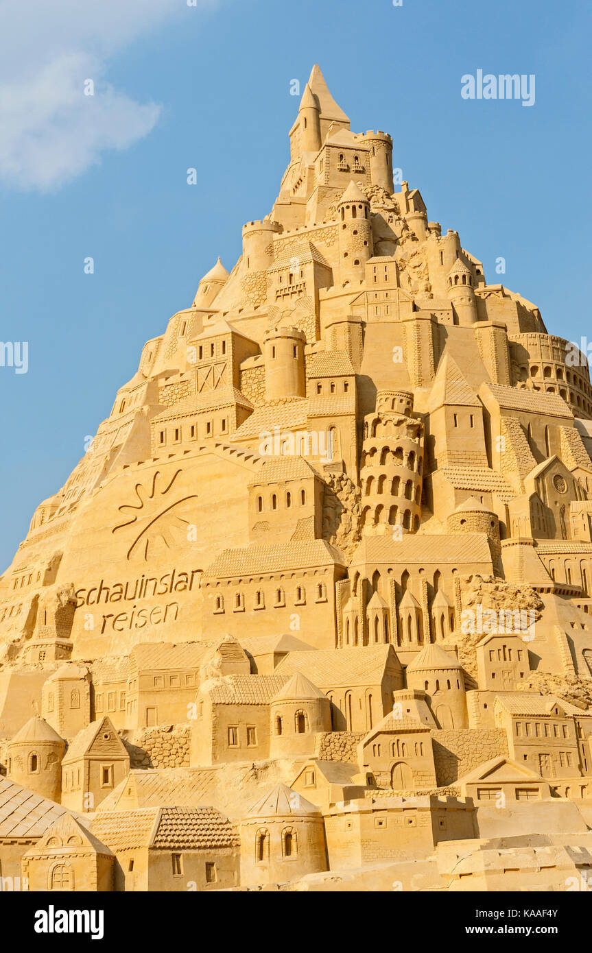 Record breaking sand castle which gained an entry in the Guiness Book of Records in Landschafts Park Duisburg Nord, Germany, 2017, Stock Photo
