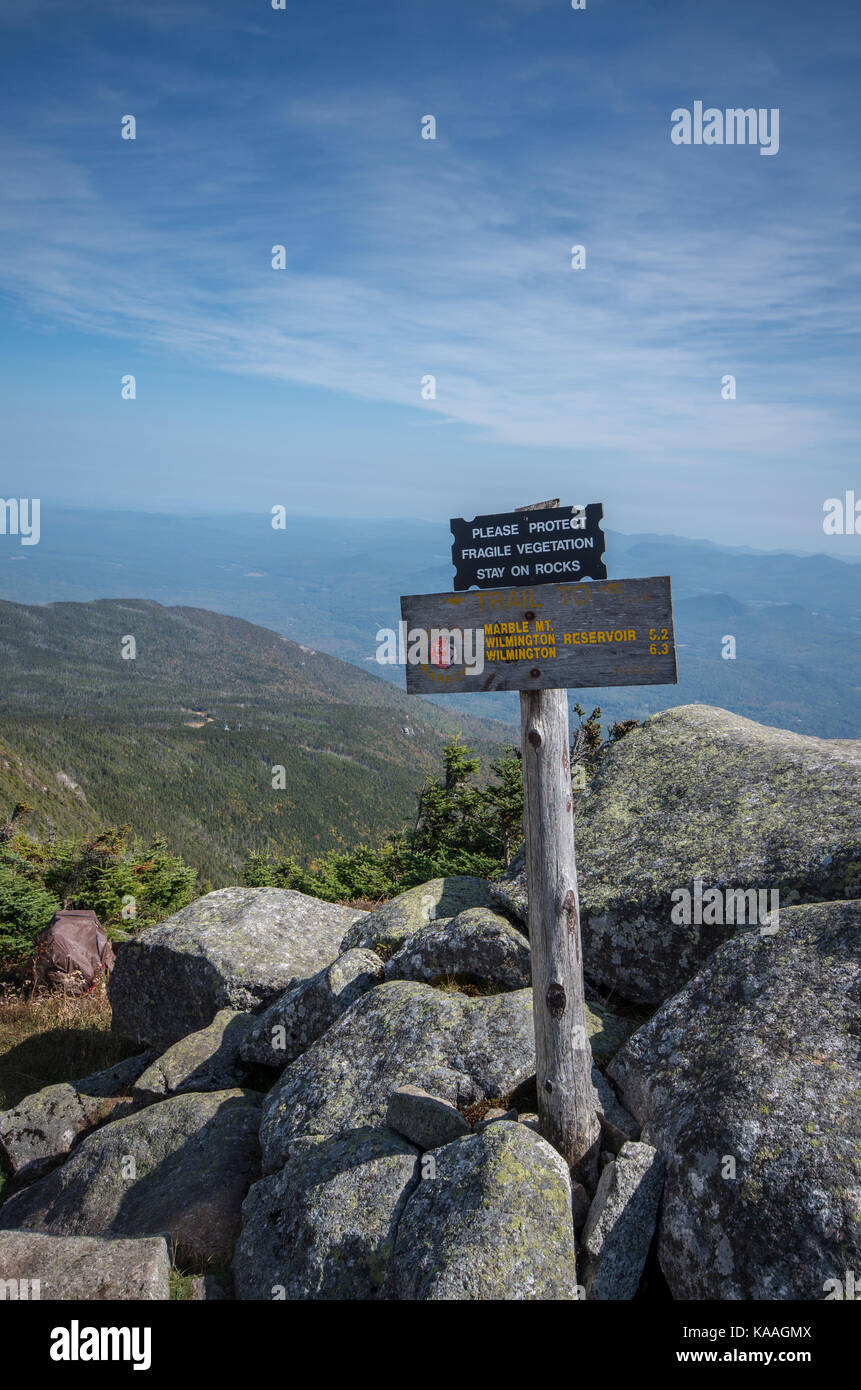 Trail marker signs at Whiteface Mountain Stock Photo