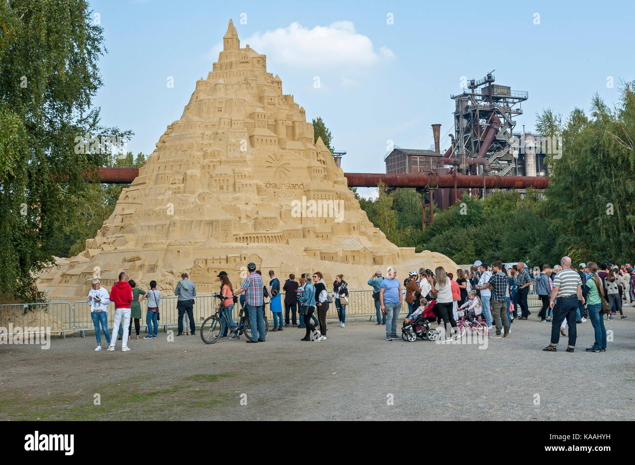 Record breaking sand castle which gained an entry in the Guiness Book of Records in Landschafts Park Duisburg Nord, Germany, 2017, Stock Photo