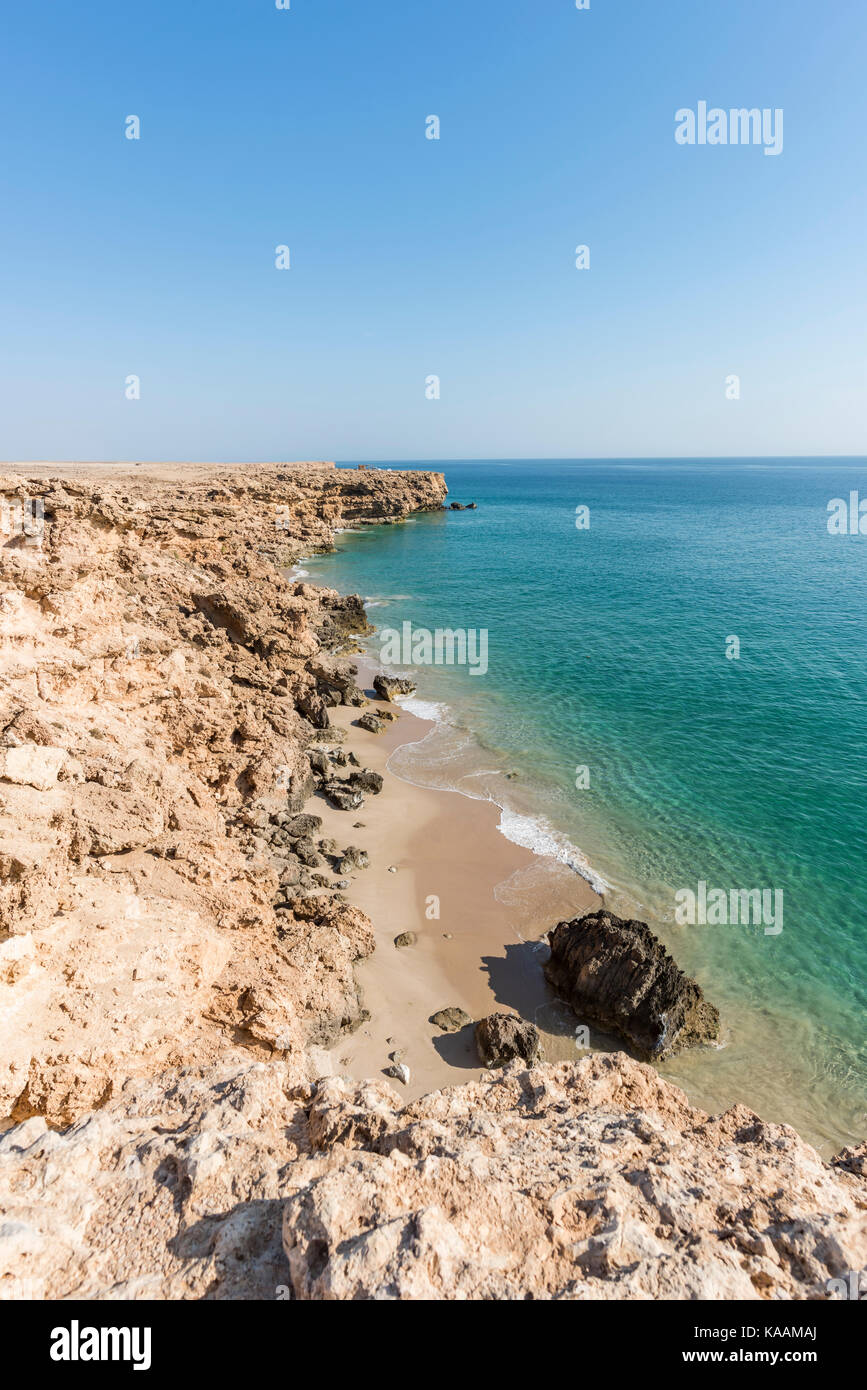 Top view from cliff of a wild beach at the coast of Ras Al Jinz, Sultanate of Oman. Stock Photo