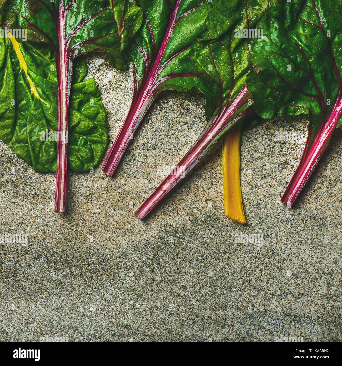 Flat-lay of fresh leaves of swiss chard, square crop Stock Photo