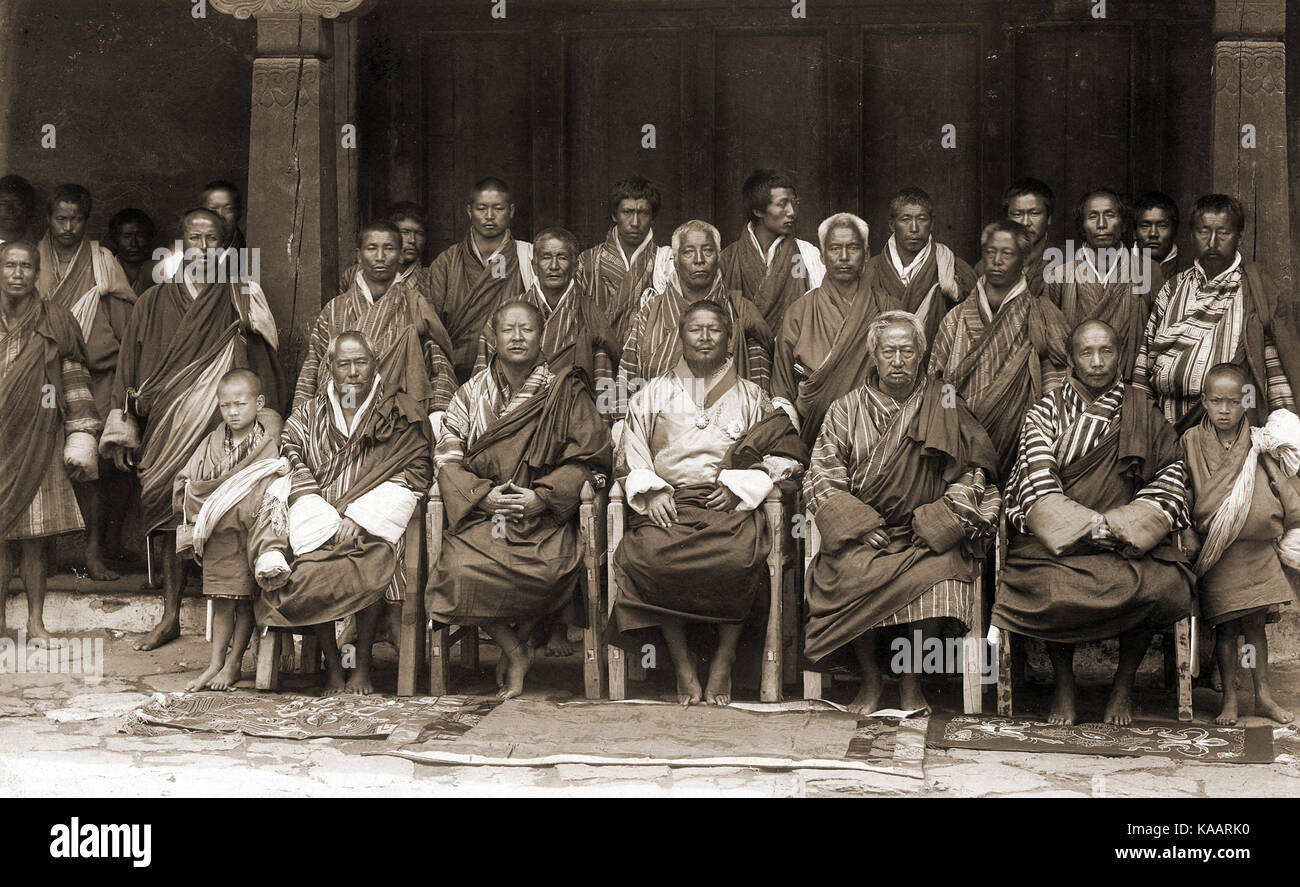 Sir Ugyen Wangchuck and his councillors at Punakha, Bhutan, 1905 Stock