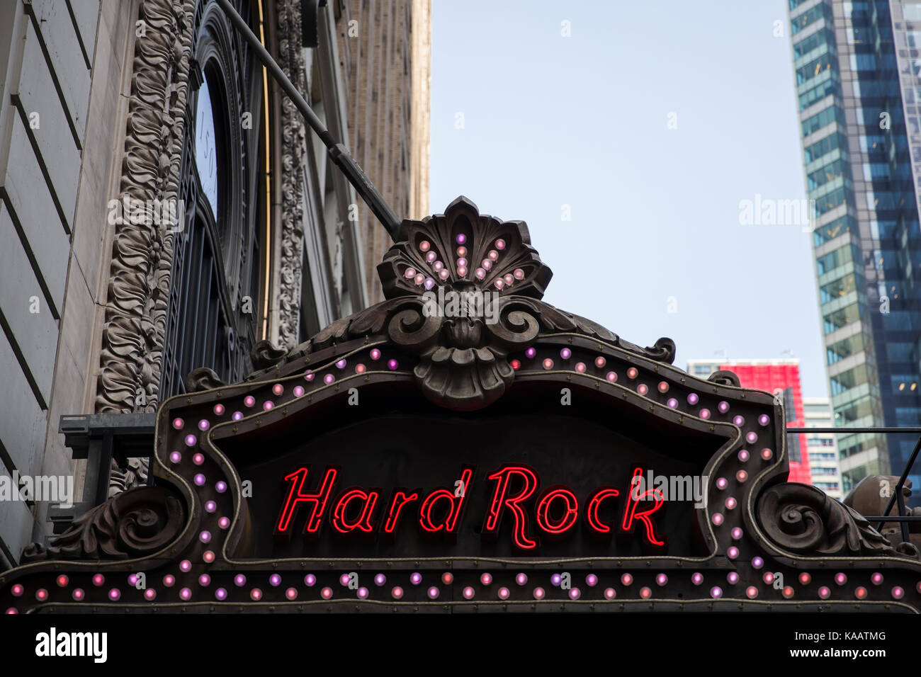 Detail from Hard Rock restaurant in New York, USA. It is a chain of theme restaurants founded at 1971 in London. Stock Photo