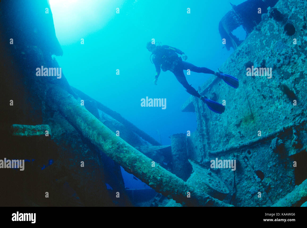 Egypt. Red Sea. Scuba diving. Diver over SS Thistlegorm shipwreck. Stock Photo