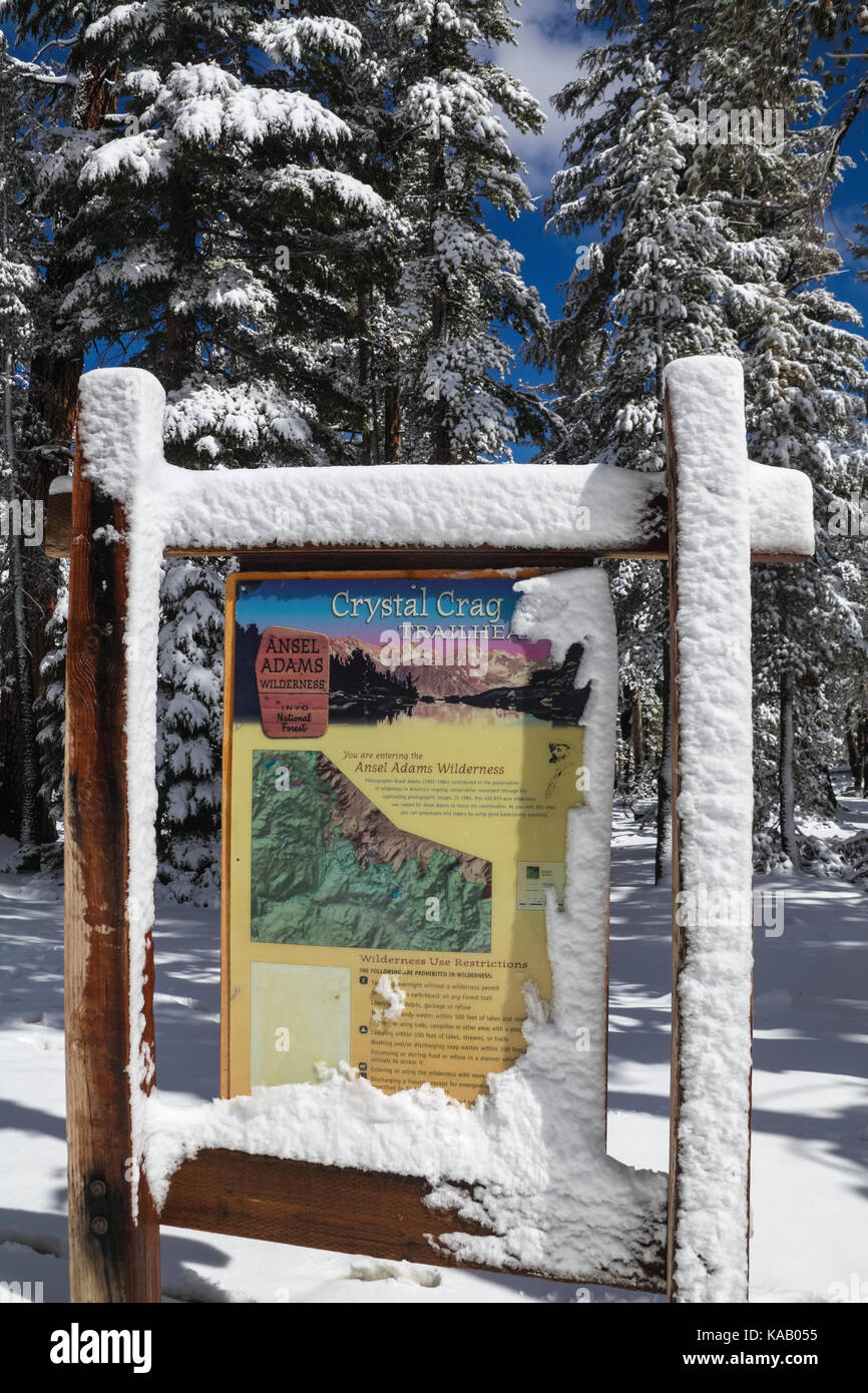 Interpretive sign at the Crystal Crag Trailhead in the Mammoth Lakes Basin in Mammoth Lakes in the Eastern Sierra of California Stock Photo