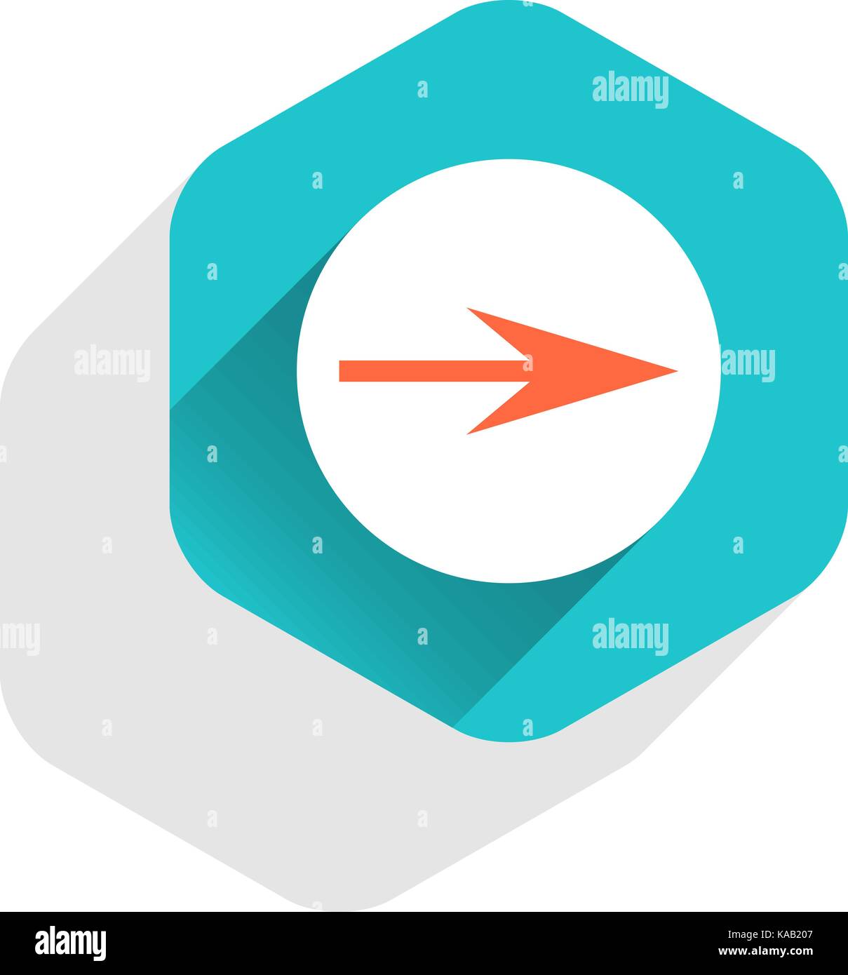 Arrow sign on round icon in hexagon shape. Web internet button in flat ...