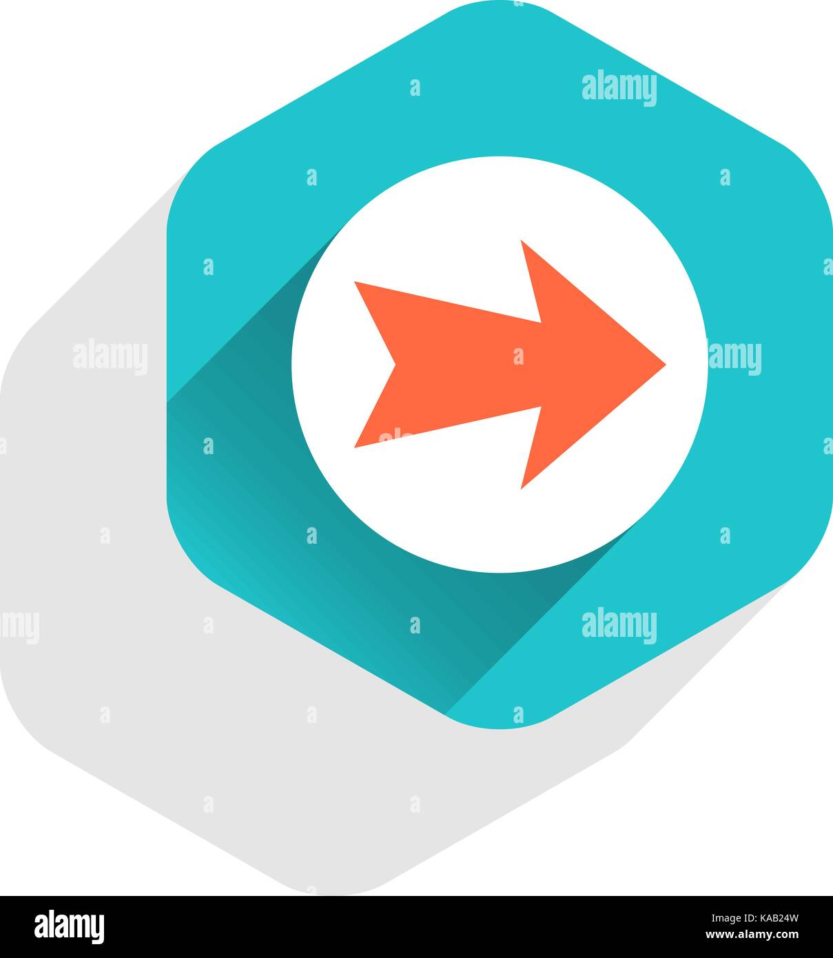 Arrow sign on round icon in hexagon shape. Web internet button in flat ...
