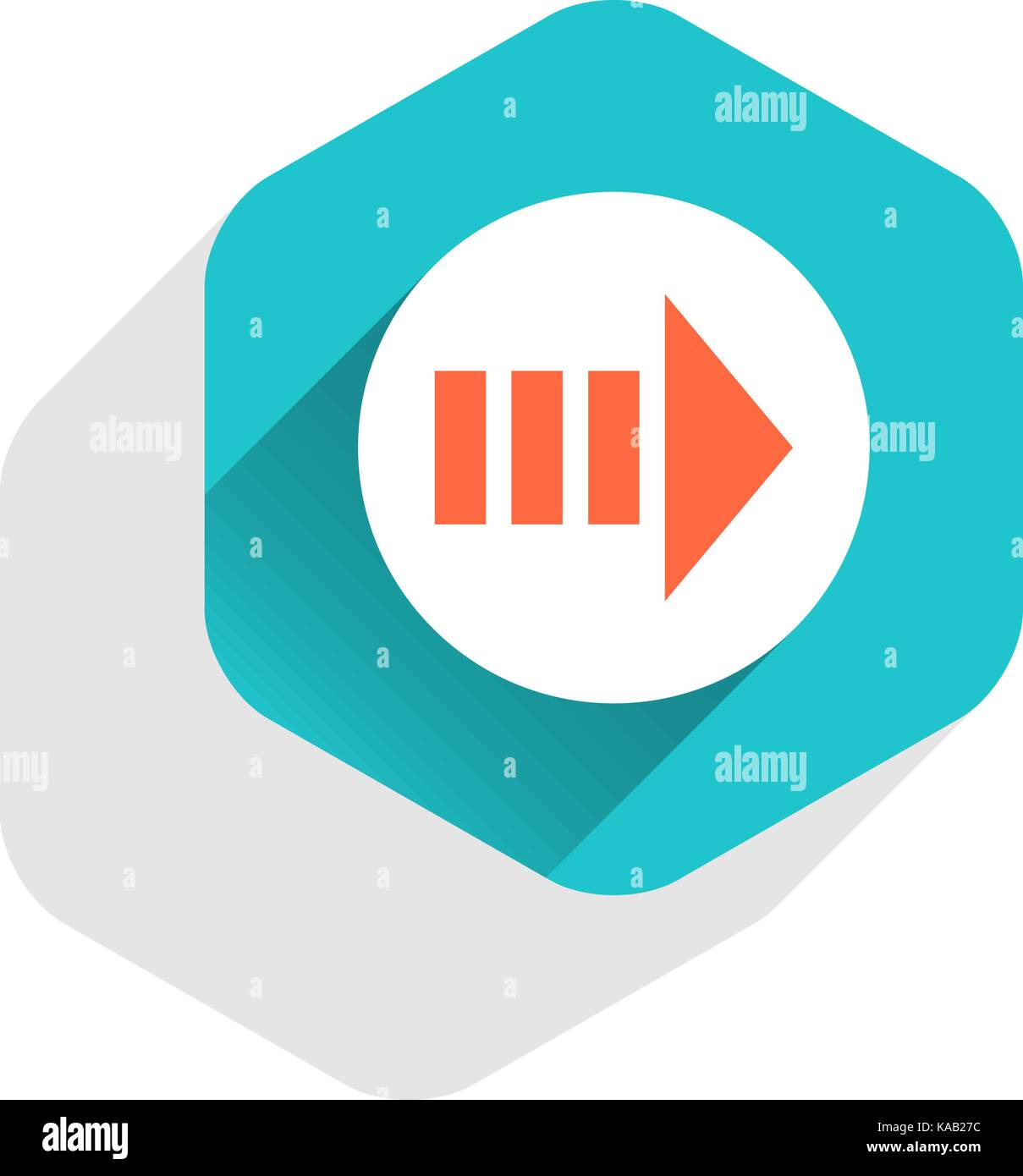 Arrow sign on round icon in hexagon shape. Web internet button in flat ...