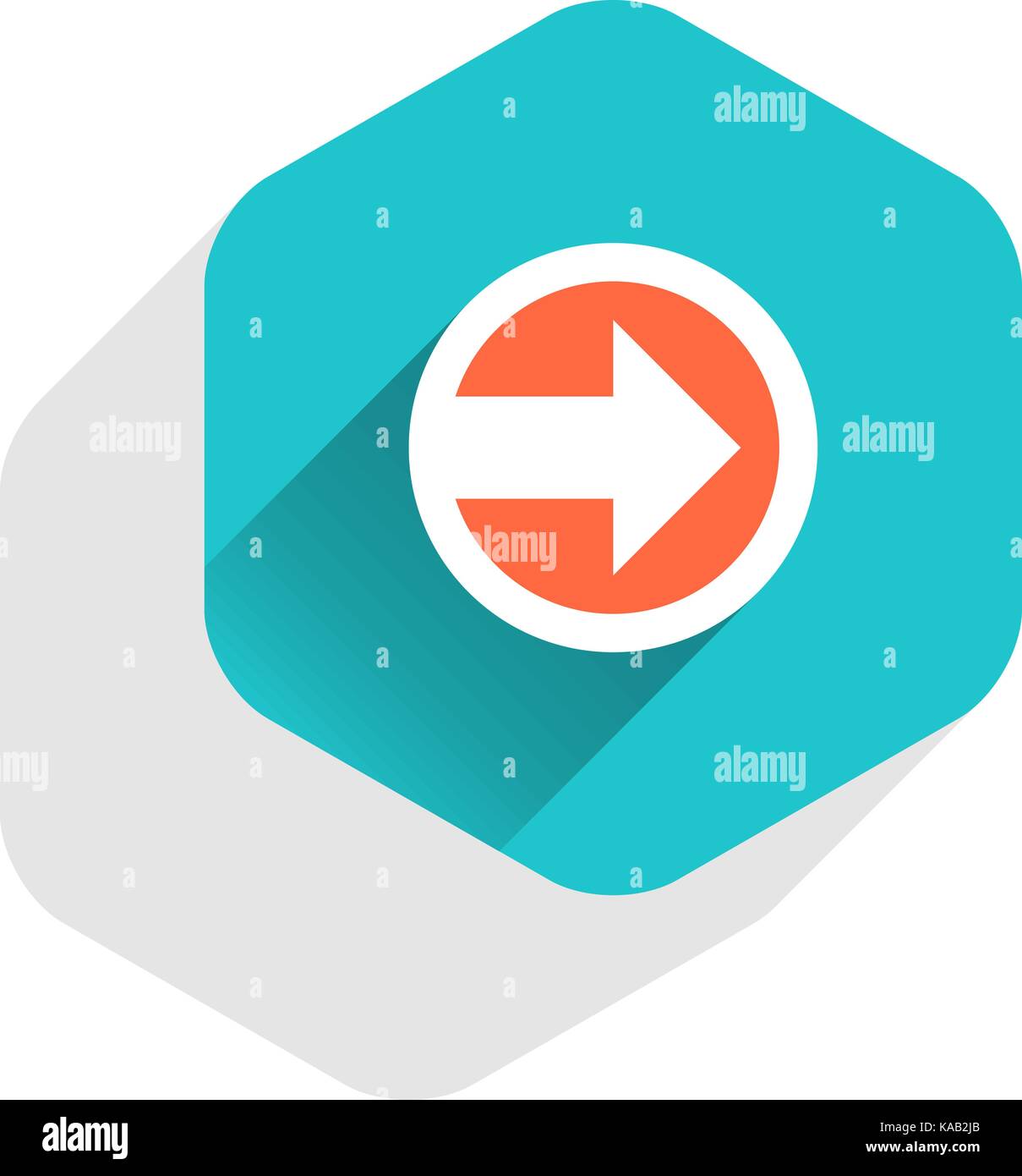 Arrow sign on round icon in hexagon shape. Web internet button in flat ...