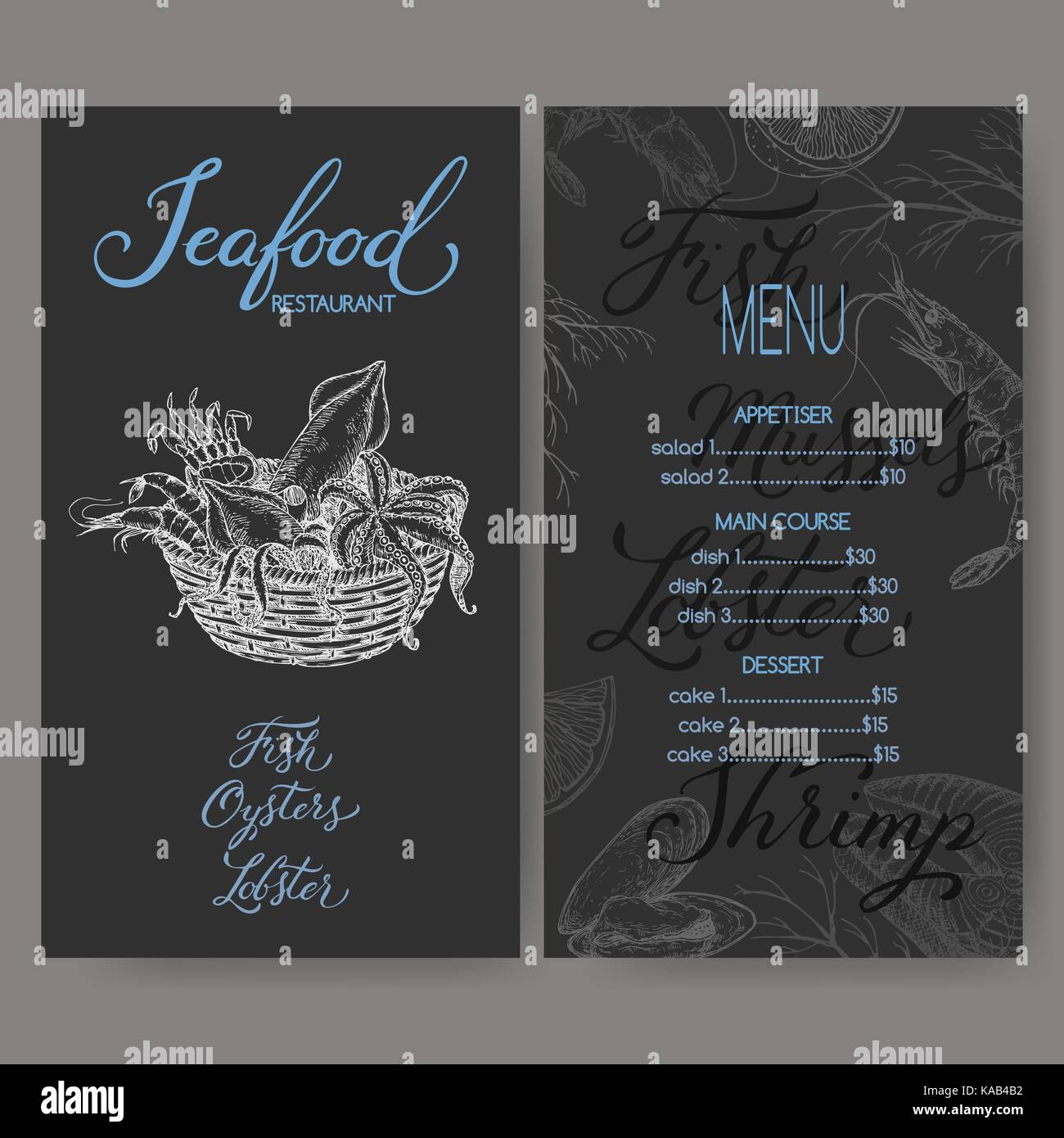 Restaurant menu template with sketch of seafood basket, grilled fish