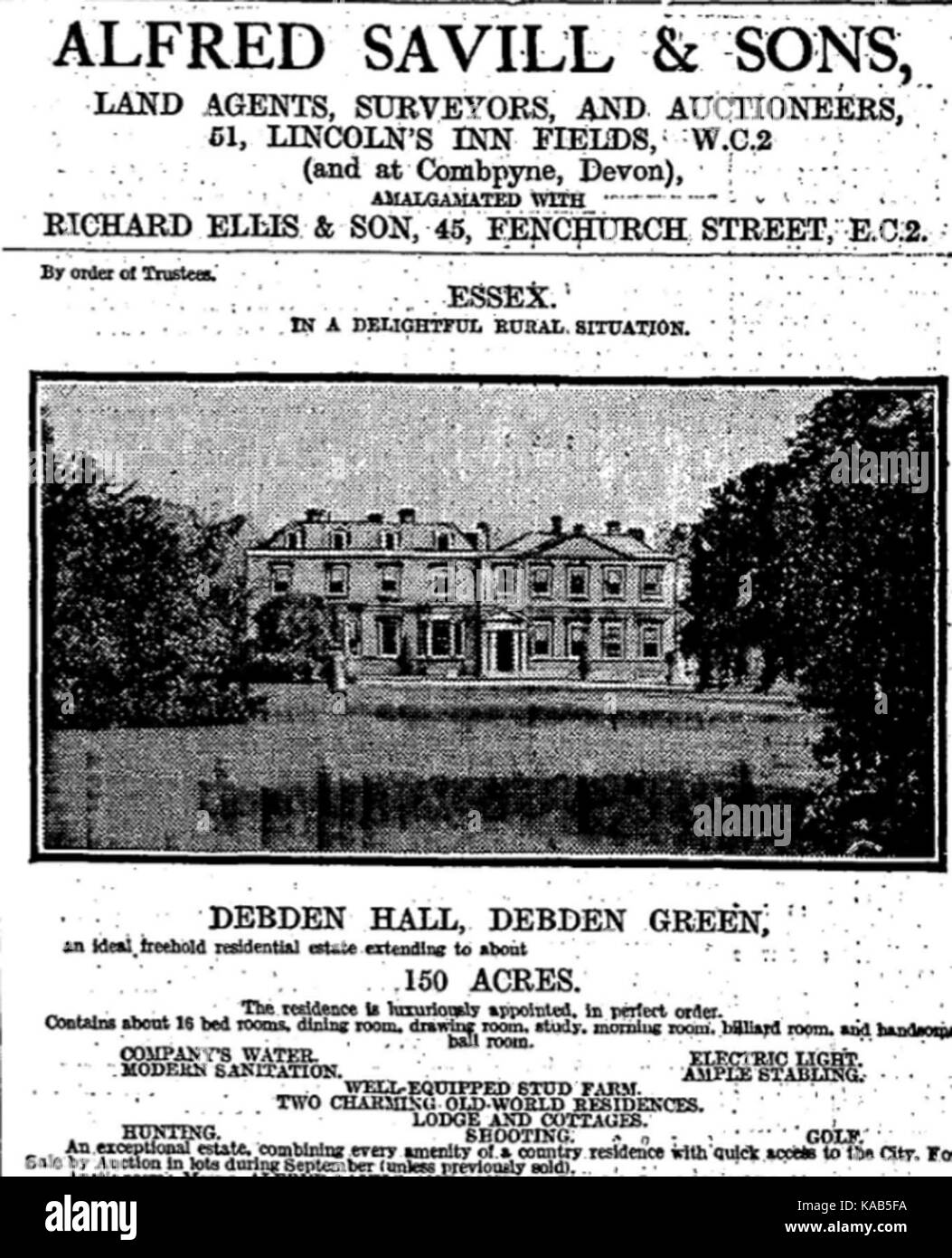 Sale notice for Debden Hall estate 1920 Stock Photo Alamy