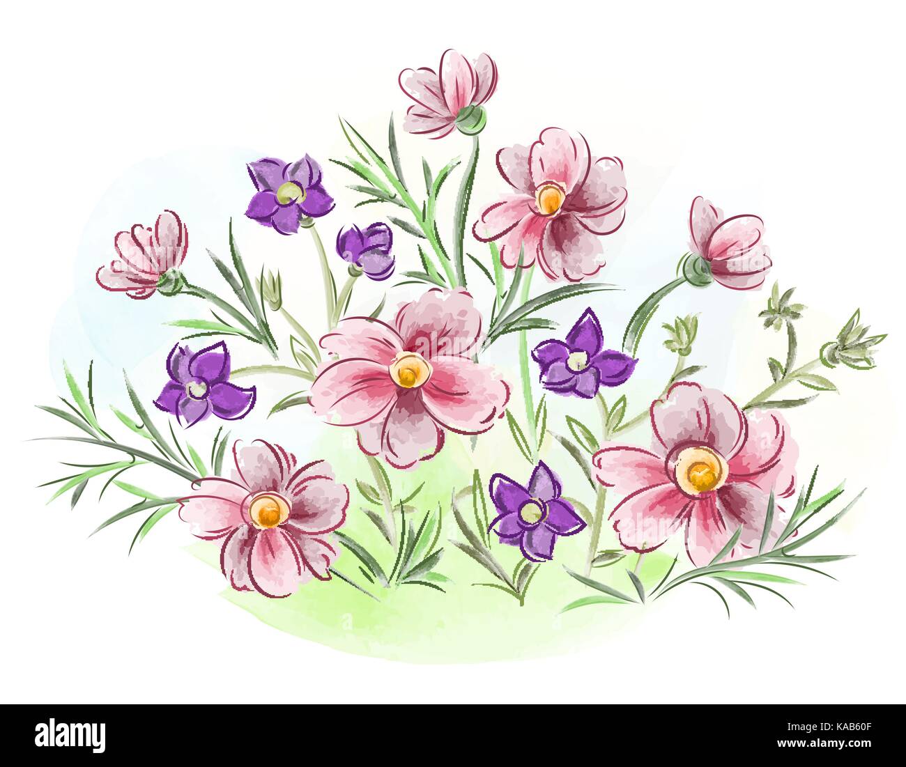 Watercolor flowers violets and pansy and leaves on meadow Stock Vector