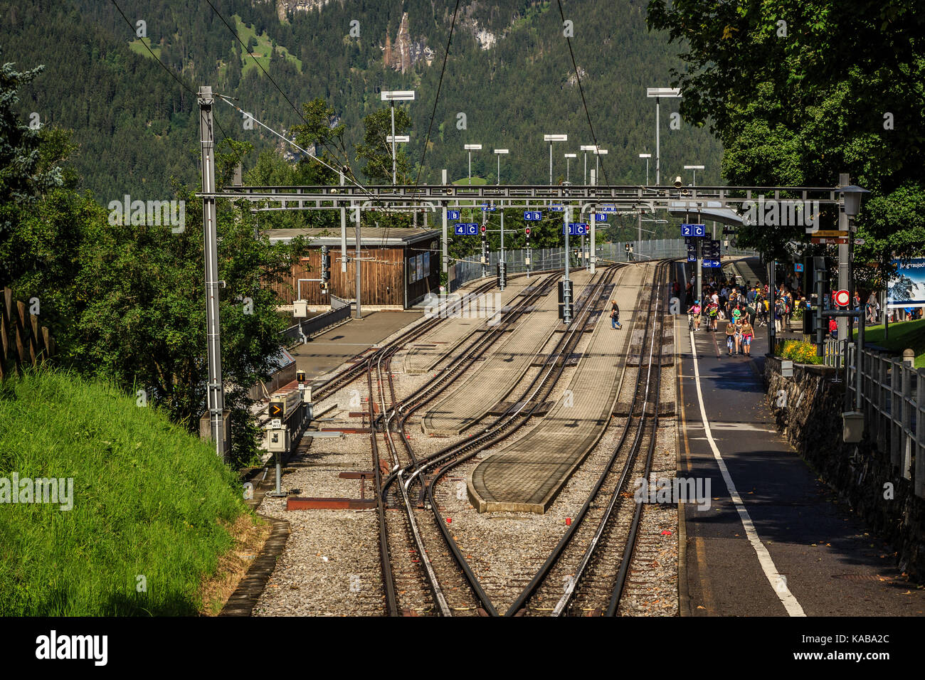 Wengen, Bernese Oberland, Switzerland - JULY 31, 2017 : Wengernalpbahn railwaystation in car-free village Wengen in the summer Stock Photo