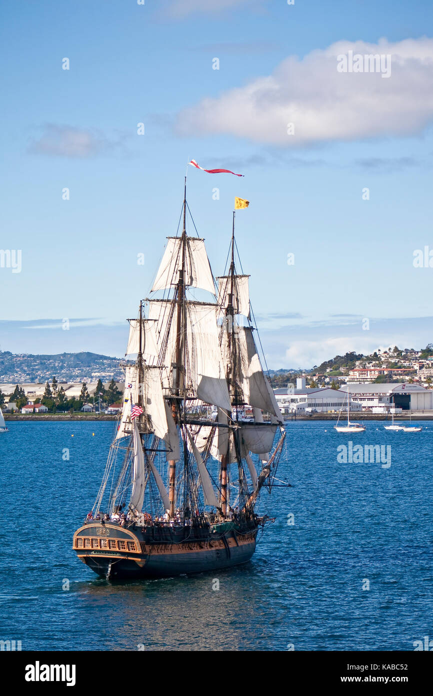 Tall Sailing Ship HMS Surprise, on San Diego Bay, CA US, is a magnificent replica of an 18th