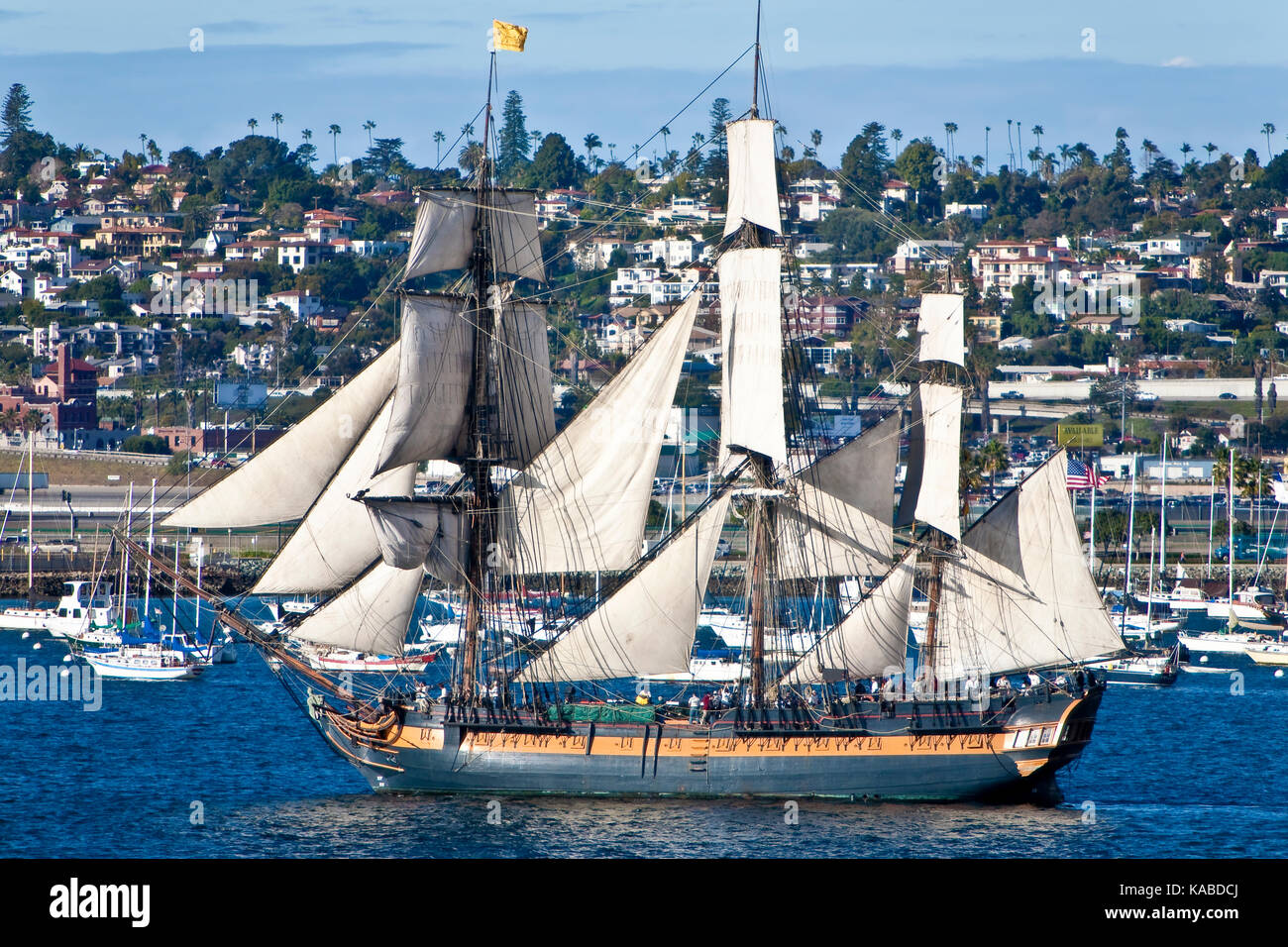 Tall Sailing Ship HMS Surprise, on San Diego Bay, CA US, is a