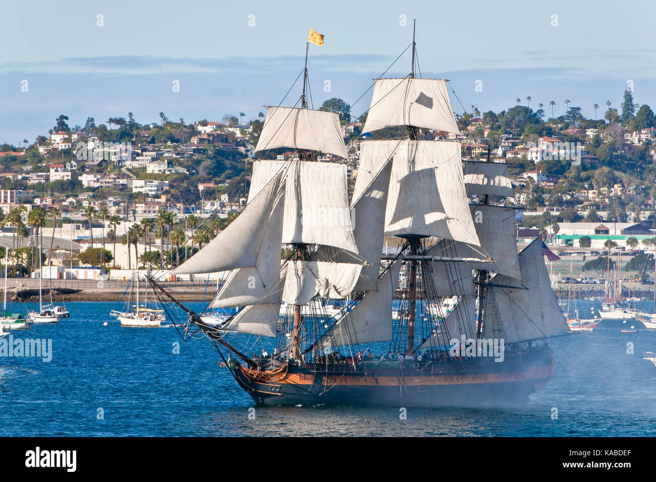 Tall Sailing Ship HMS Surprise, in cannon battle on San Diego Bay, CA US, is a magnificent