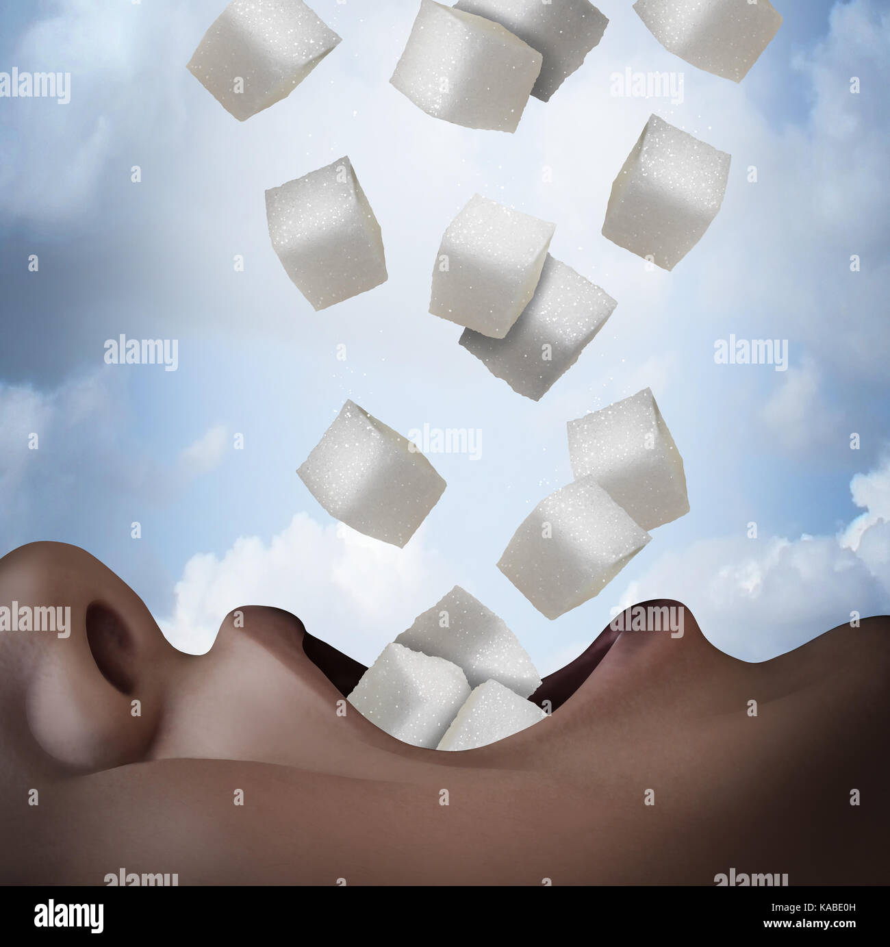 Sugar eating concept as an unhealthy food ingredient as a person consuming refined white granulated cube snack as a health risk symbol. Stock Photo