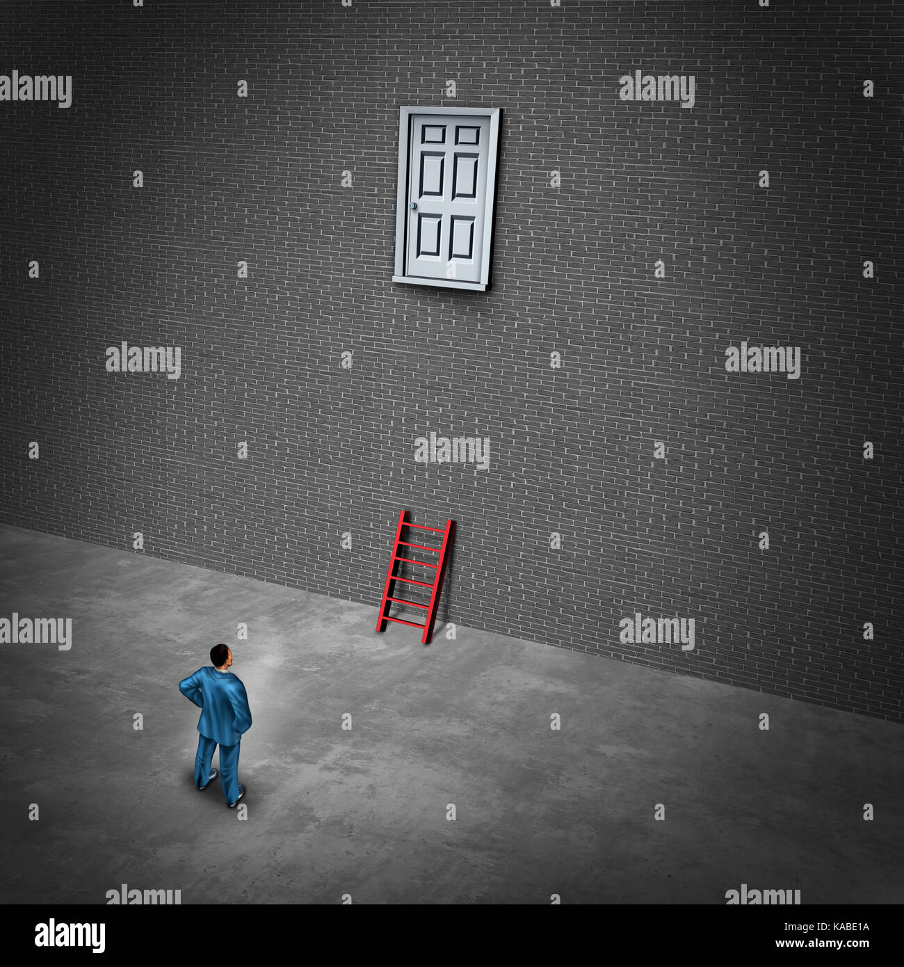 Difficult career problem or challenge and limited business tool concept and limitations to access as a businessman with a small ladder. Stock Photo