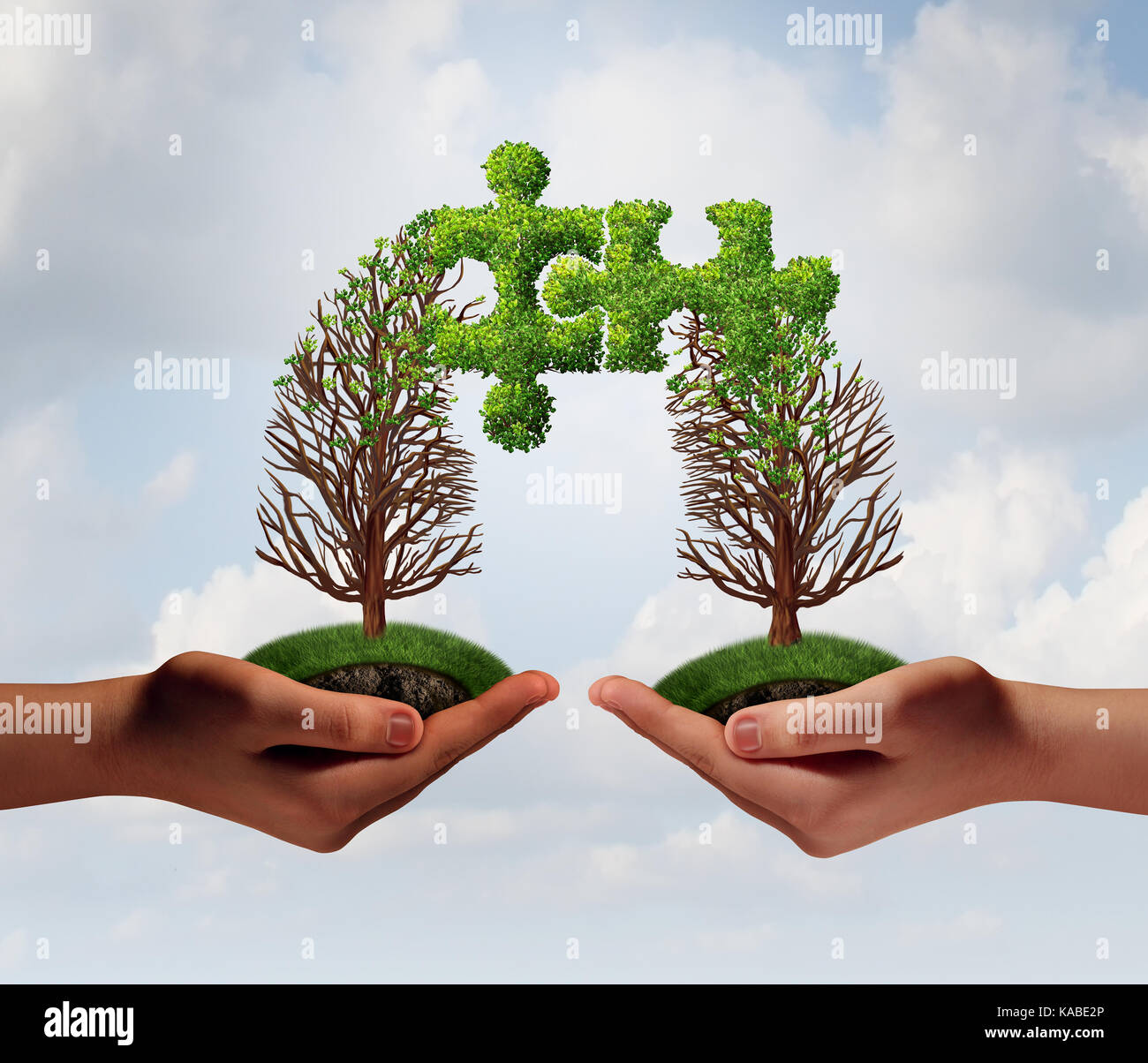 Business puzzle agreement concept as two people connecting together with growing trees merging together shaped as jigsaw pieces integrating. Stock Photo
