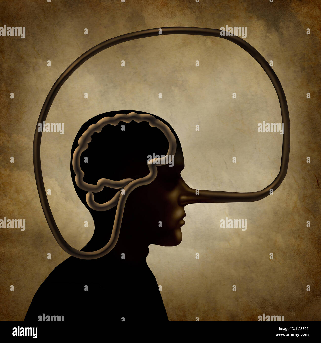 Brain of a liar and academic dishonesty or false perception psychological concept as a person with a long lies symbol nose. Stock Photo