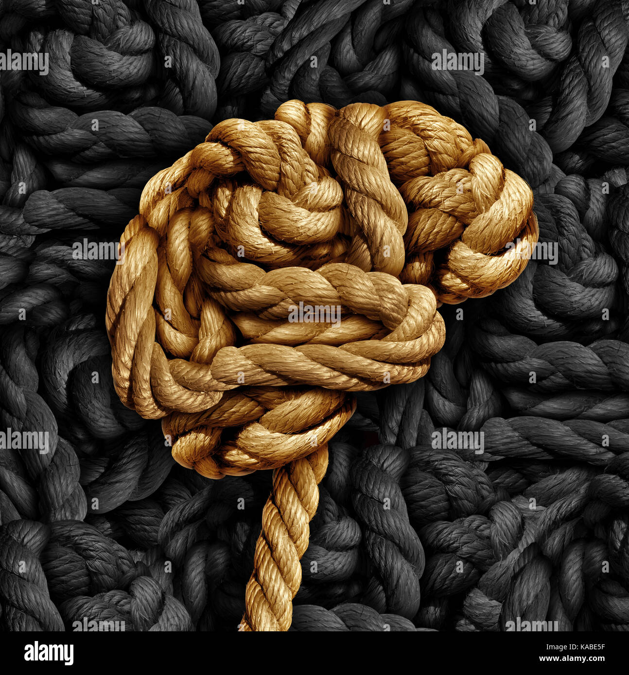 Brain disorder mental health concept as a rope twisted into a human thinking organ as a medical neurological symbol for mind function. Stock Photo