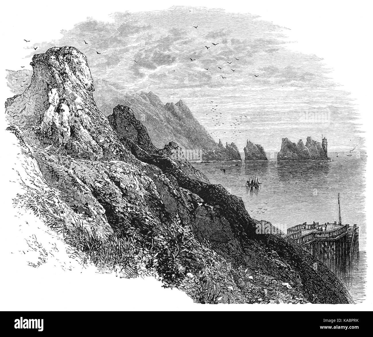 1870: The Needles is a row of three distinctive stacks of chalk that rise about 100 feet out of the sea off the western extremity of the Isle of Wight, United Kingdom, close to Alum Bay, and part of Totland, Isle of Wight, England. Stock Photo