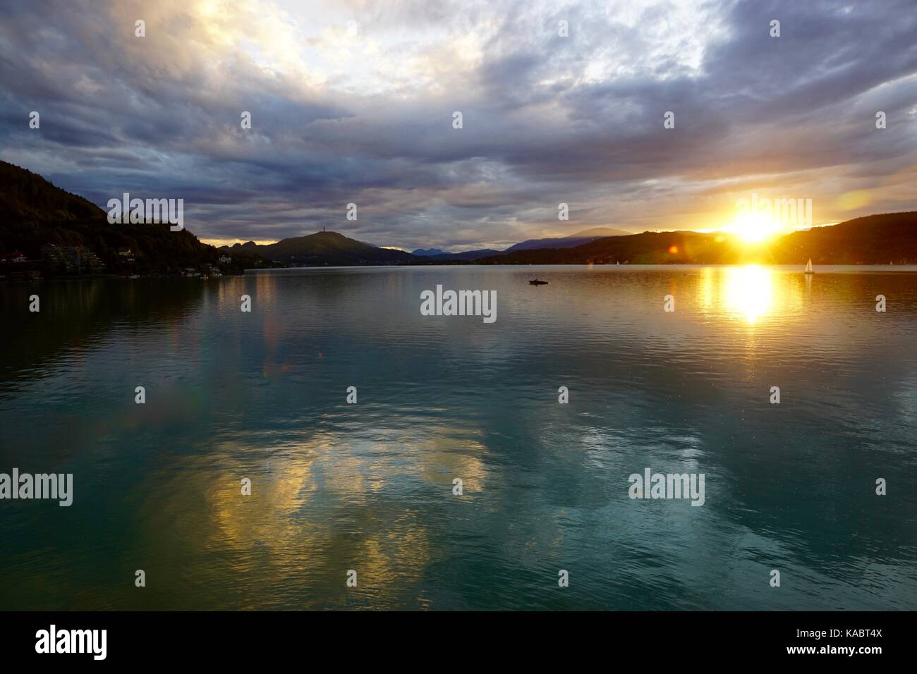 Sunset over the lake at Klagenfurt - Austria Stock Photo