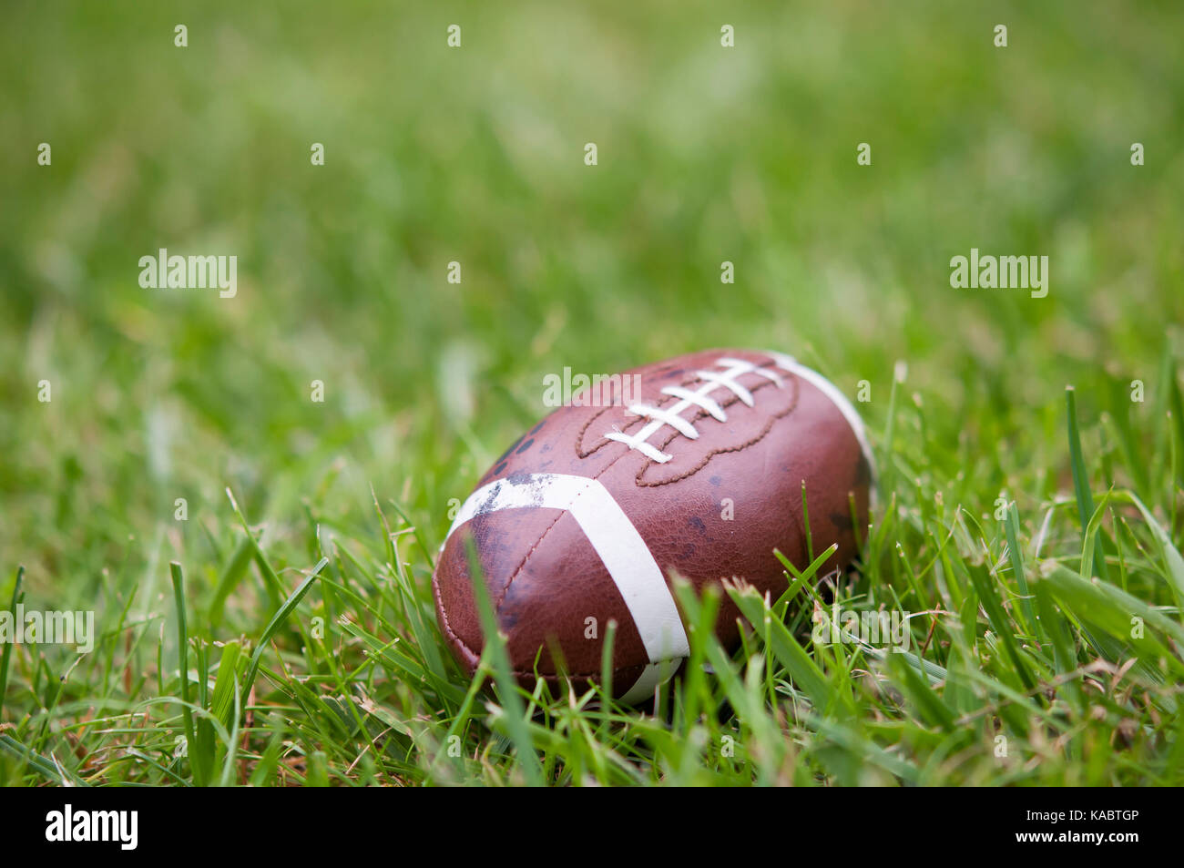 american football isolated laying in the summer grass Stock Photo