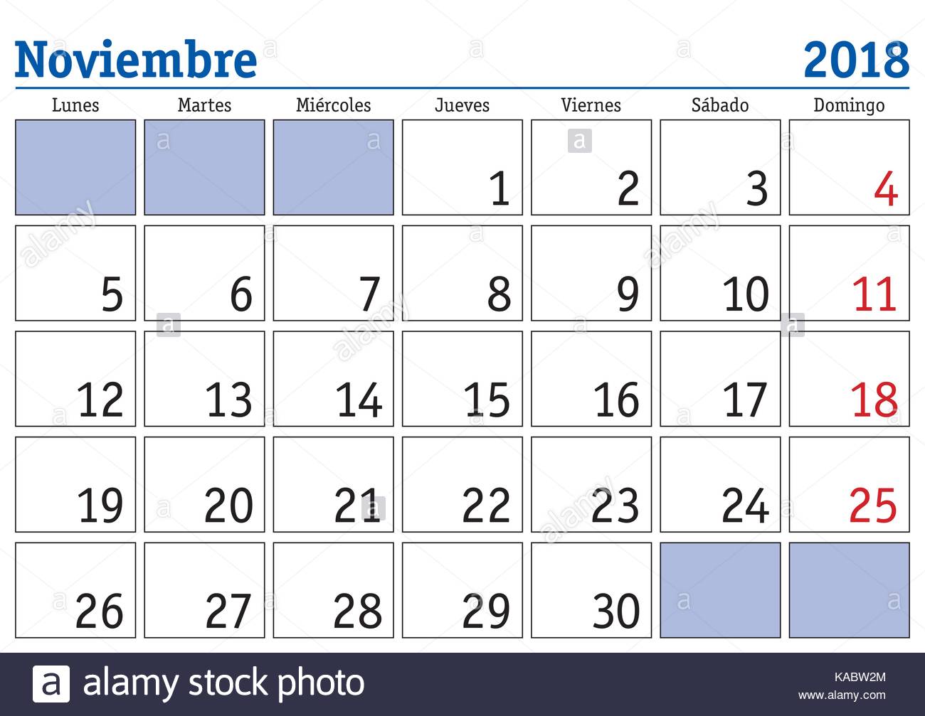 November month in a year 2018 wall calendar in spanish. Noviembre Stock ...