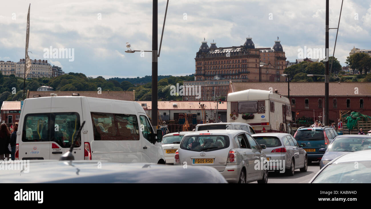 Traffic jam on Foreshore Road, Scarborough, with the Grand Hotel in the background Stock Photo