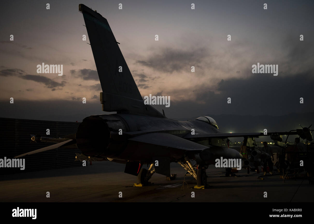 F-16 Fighting Falcons line the flightline at Bagram Airfield, Afghanistan, Sept. 21, 2017. Stock Photo