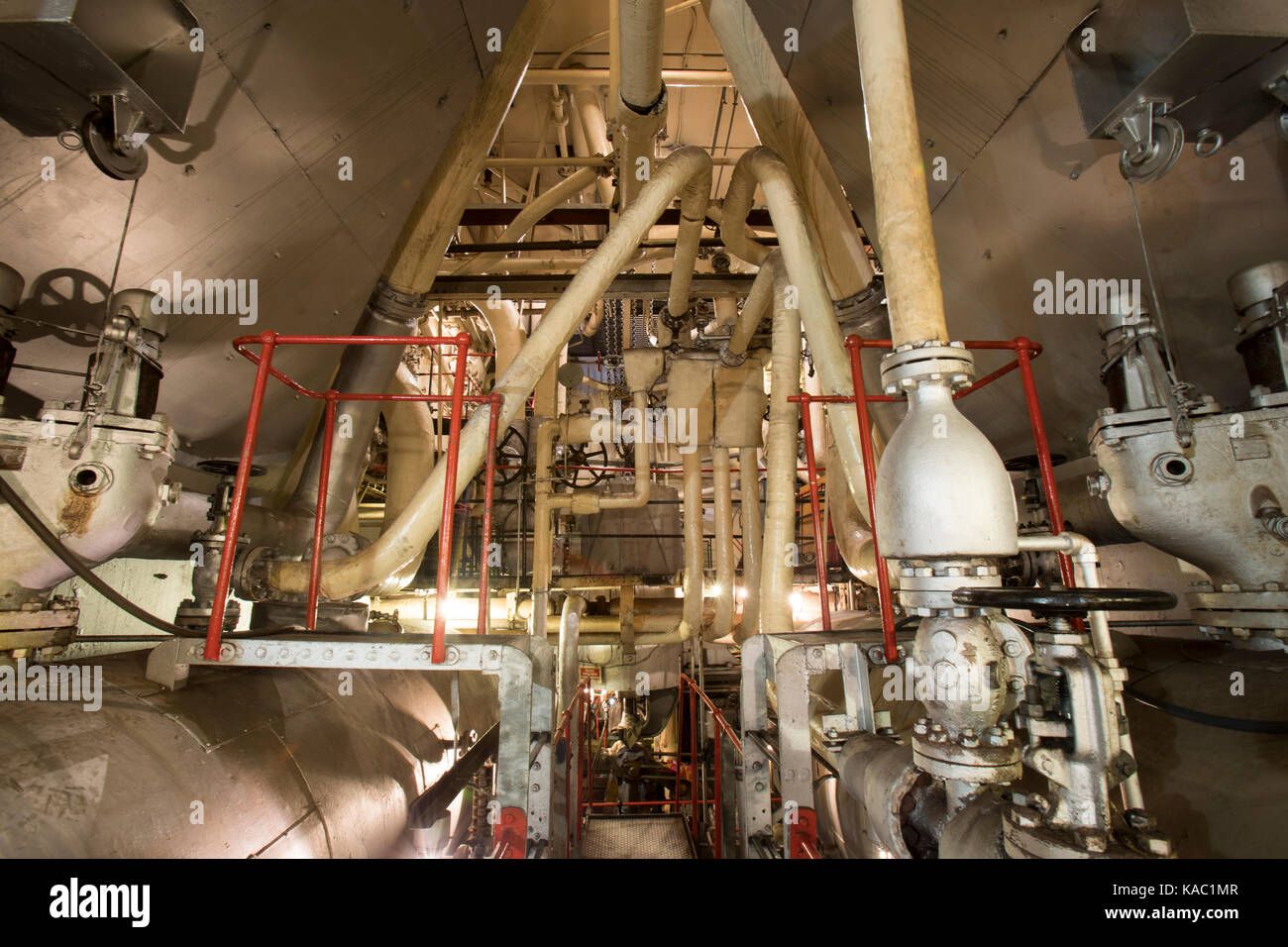 Interior of steam engine room on vintage WWII Liberty Ship Stock Photo
