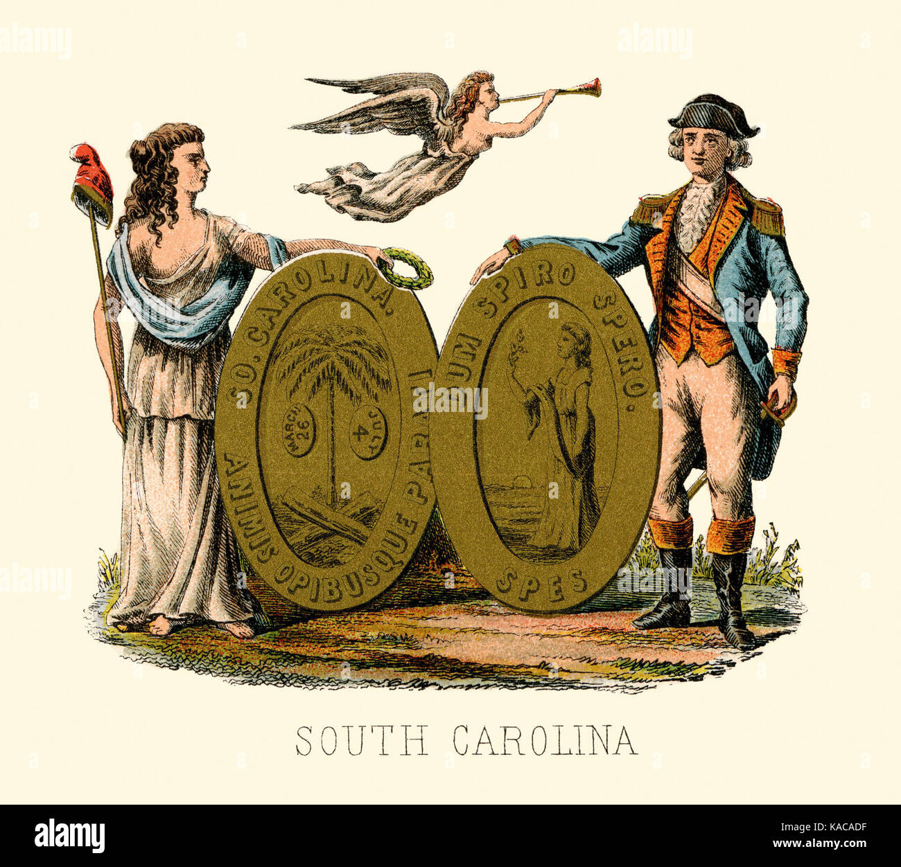 This illustration from 1876 depicts the South Carolina state coat of ...