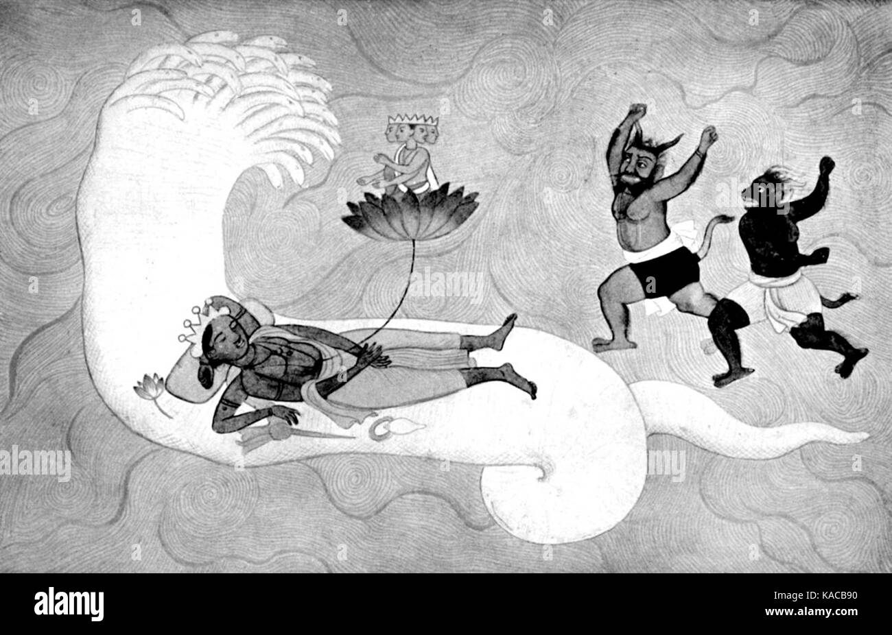 The birth of Brahma, springing from a lotus issuing from Vishnu Stock Photo
