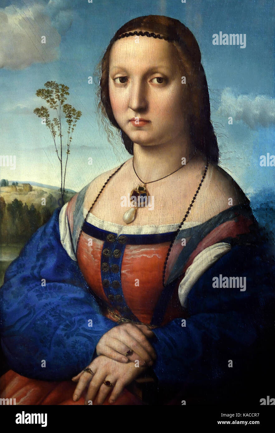 Portrait of Maddalena Doni 1506 Raffaello Santi, Raffaello de Urbino, Rafael Sanzio de Urbino, Raphael 1483 - 1520 The Palazzo Pitti - The Pitti Palace 1458 Renaissance Florence, Italy, Stock Photo