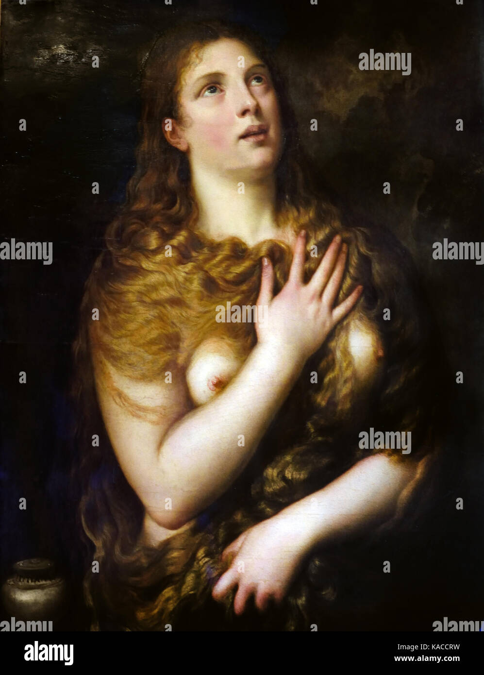 Penitent Magdalene is a painting of Saint Mary Magdalene by Titian dating to around 1531 ( Tiziano Vecelli or Tiziano Vecellio 1488/1490 –1576 known in English as Titian was an Italian painter, the most important member of the 16th-century Venetian school. ) Stock Photo