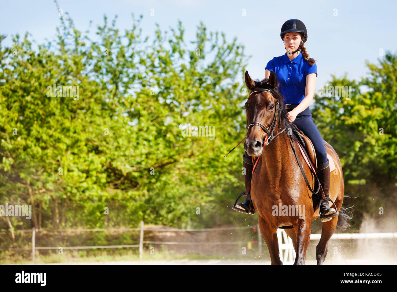 Beautiful female equestrian sits astride a horse Stock Photo Alamy
