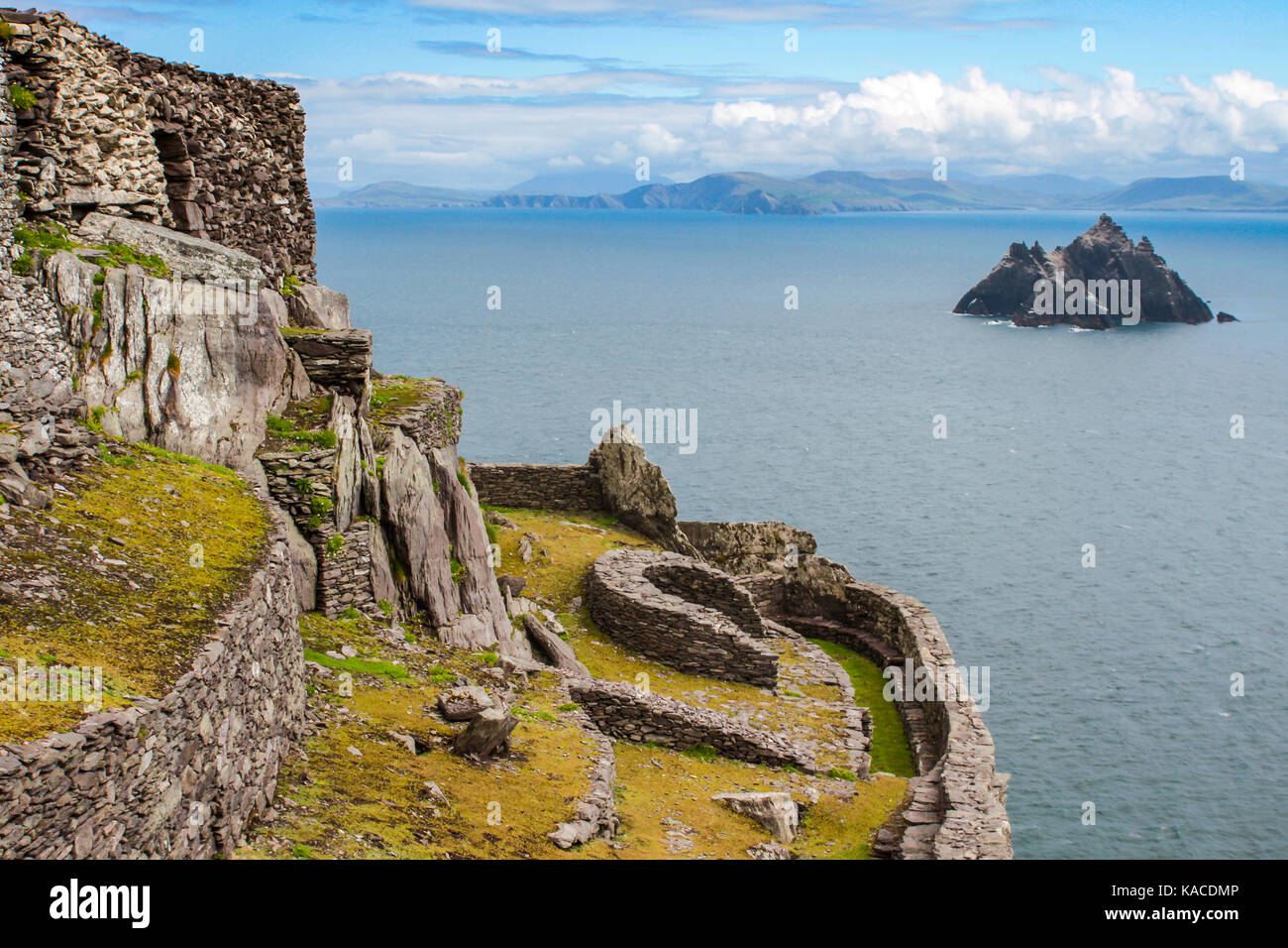 Remains of the medieval Gaelic Christian monastery on Skellig Michael, view to Little Skellig. Off coast of Iveragh peninsula, County Kerry, Ireland Stock Photo