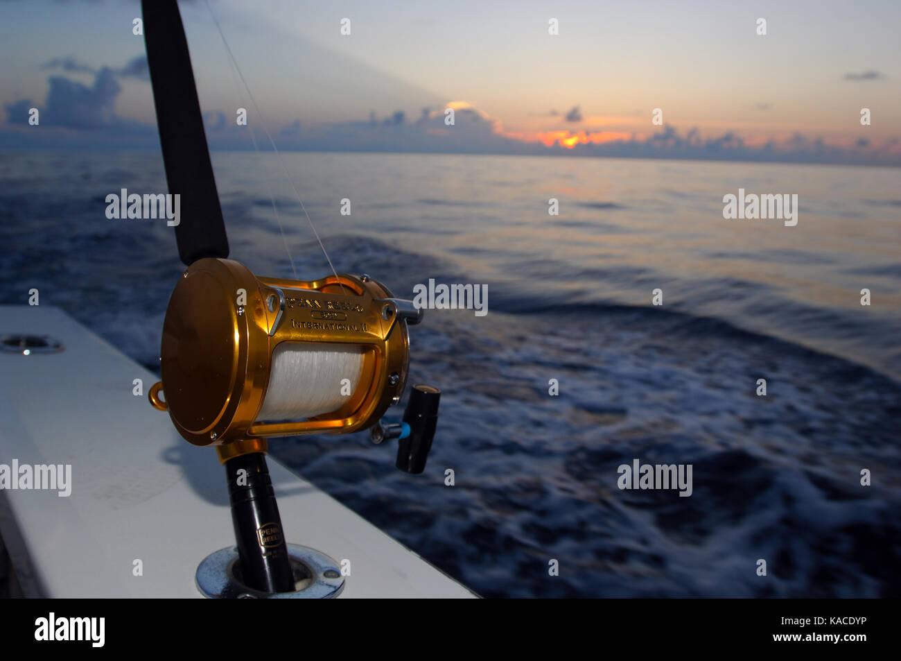 An offshore fishing and trolling rod at sunrise near Port Aransas Texas