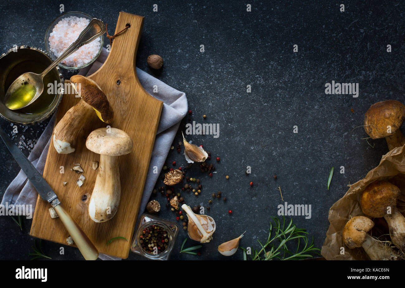 autumn cooking background; organic porcini Mushroom; seasoning forest
