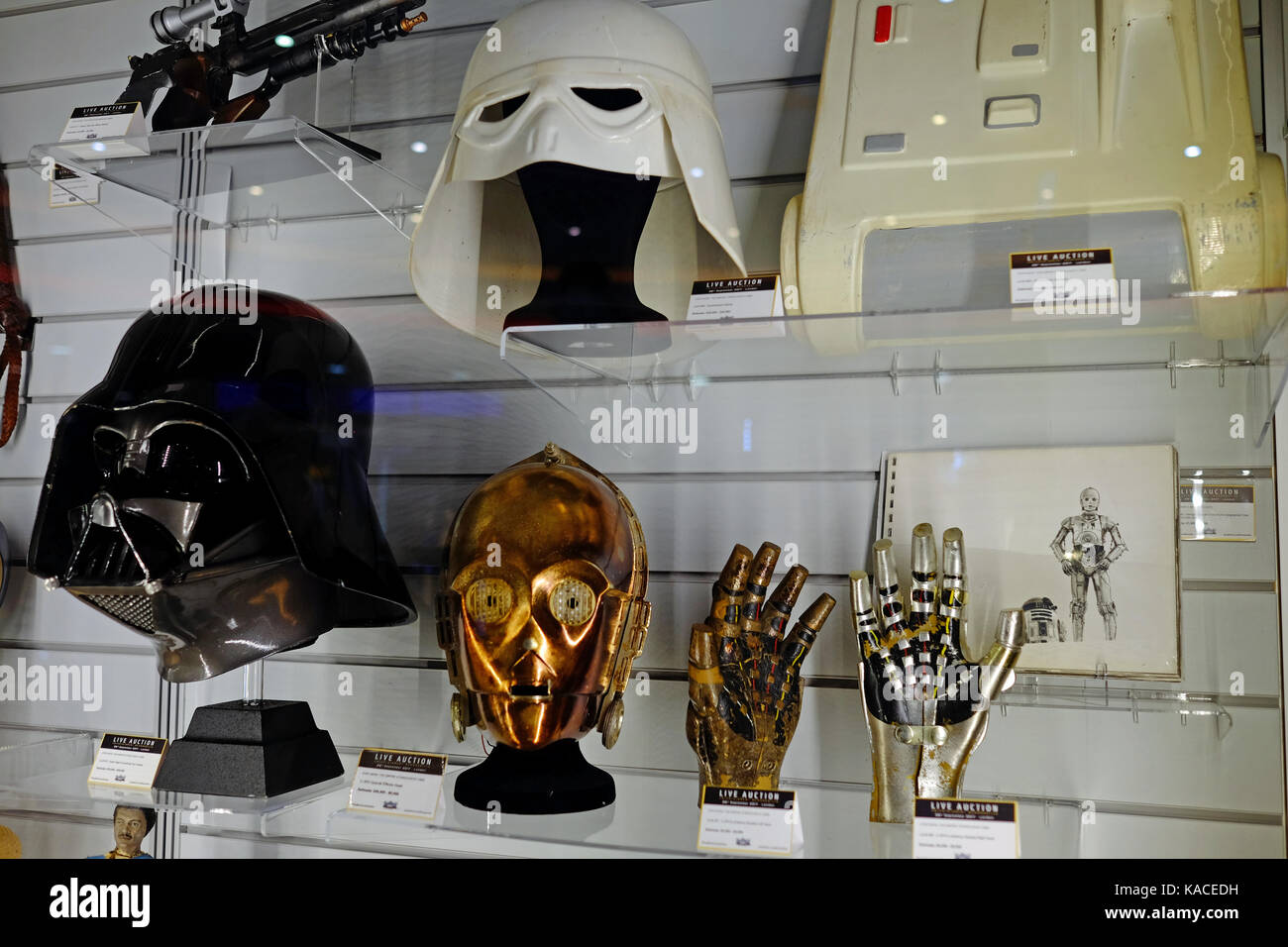 Exhibition in advance of the live auction at the BFI IMAX on 26th September 2017 of TV and movie memorabilia including real Star Wars props Stock Photo