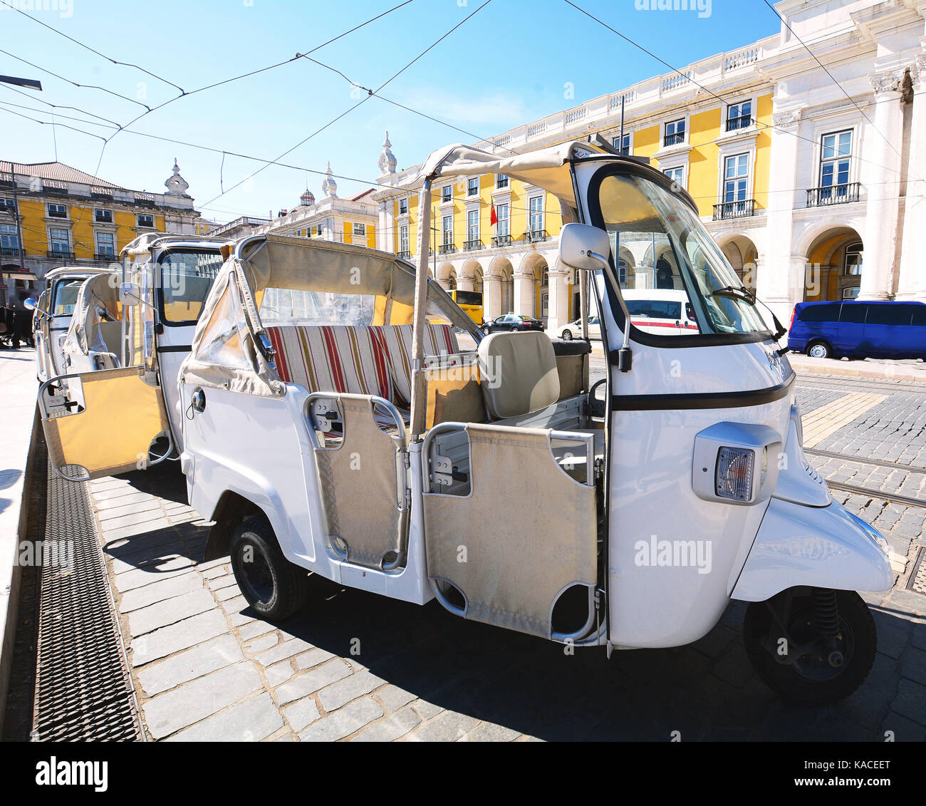 Close up view of tuk tuk on street of Lisbon in Portugal. Stock Photo