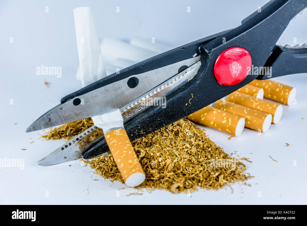 Empty cigarette tubes tobacco scissors Stock Photo Alamy