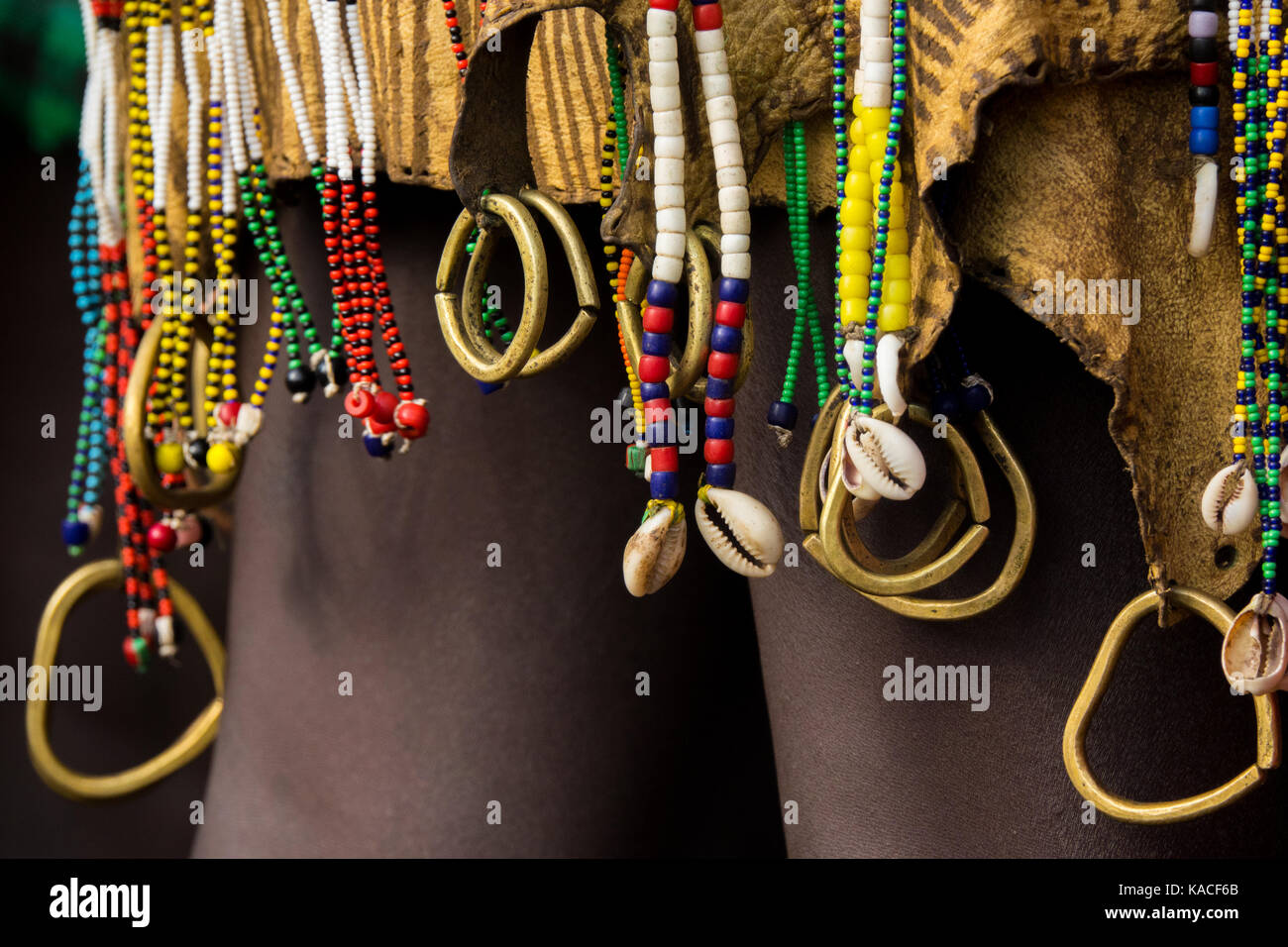 Costume decorations of Bodi tribe during Kael ceremony, Gurra, Hana Mursi, Omo Valley, Ethiopia Stock Photo