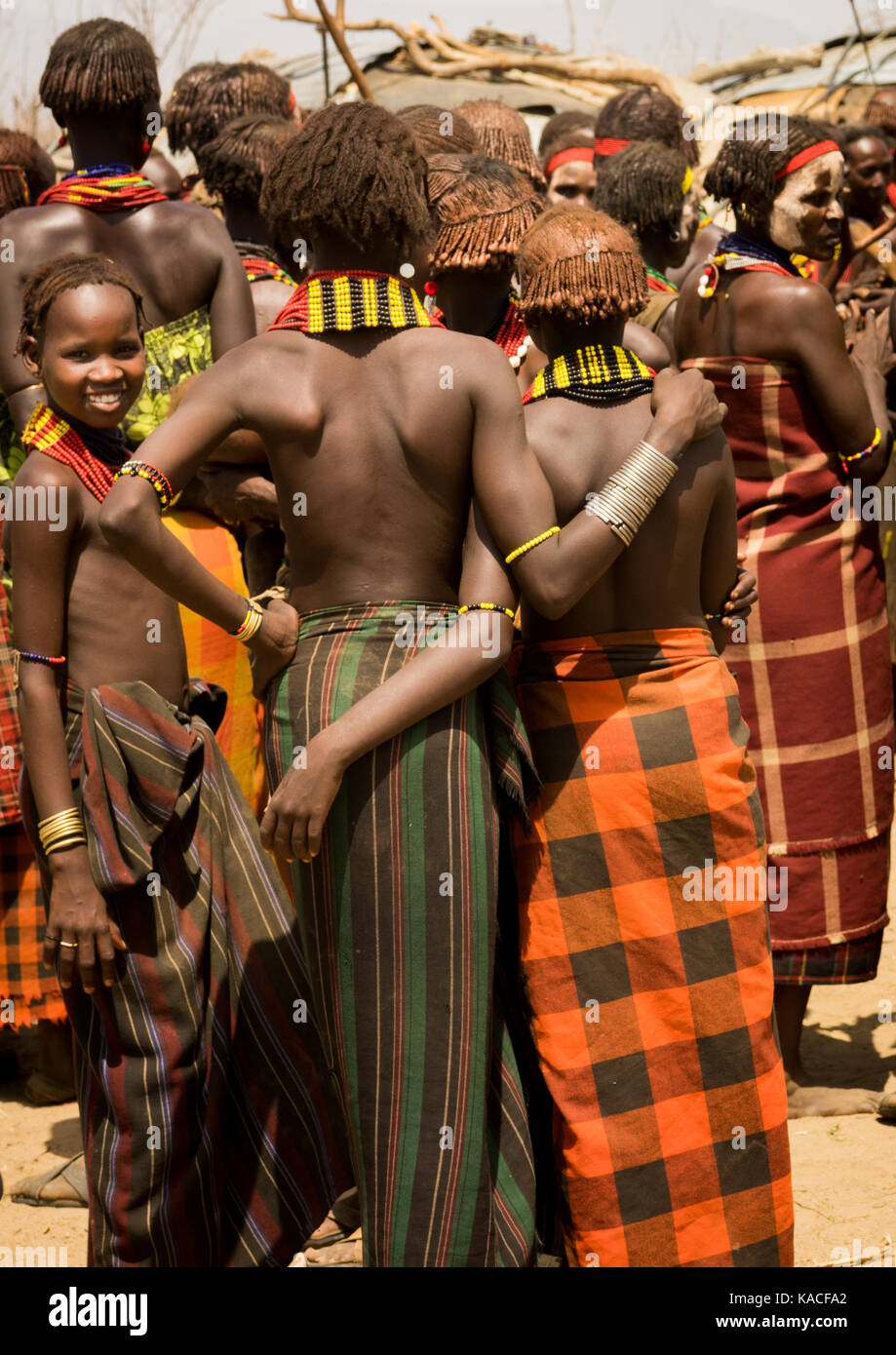 Girls attending Dassanech Proud Ox celebration, Salheng,Turkana County, Omorate, Ethiopia Stock Photo