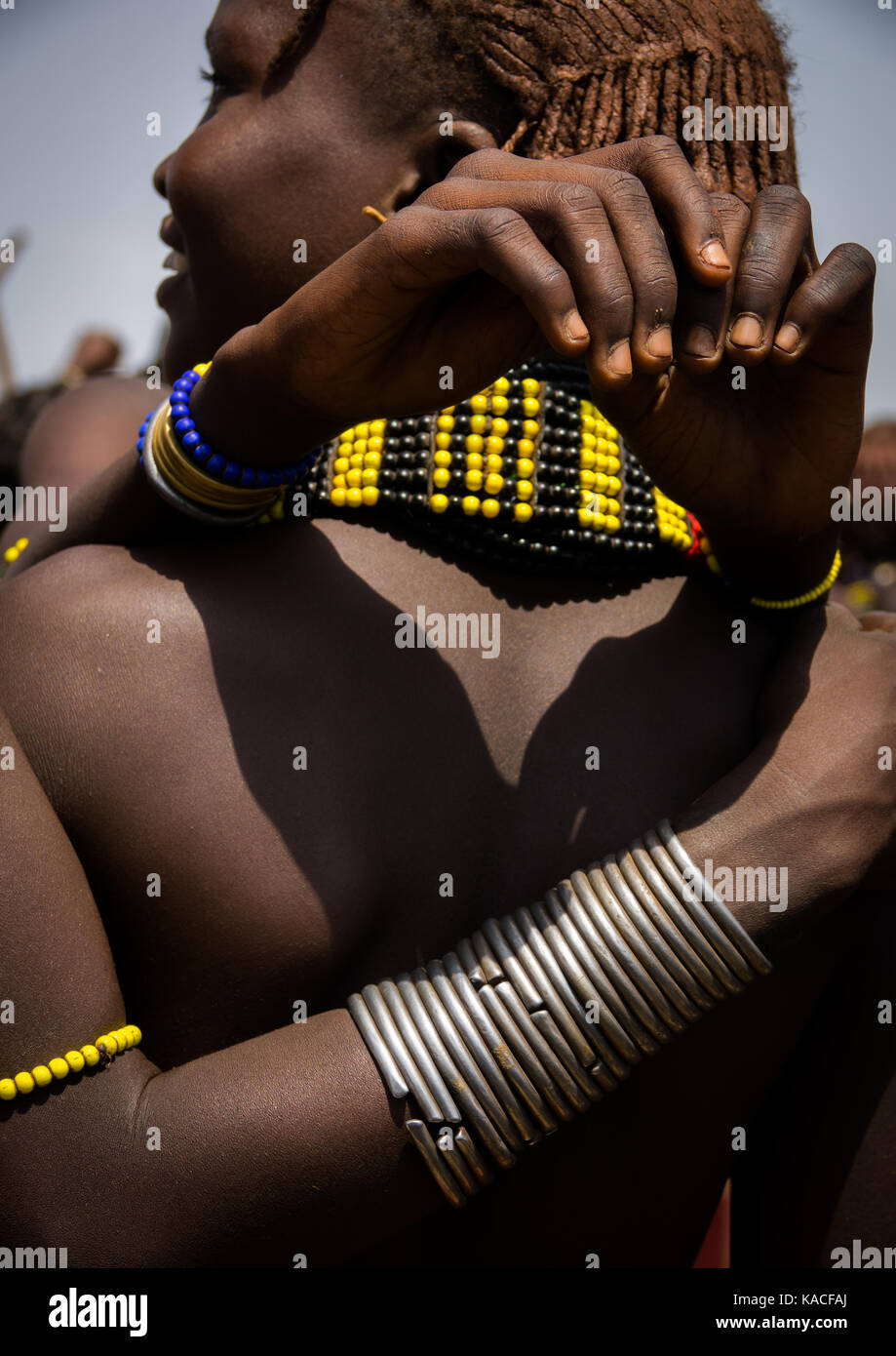 Girls attending Dassanech Proud Ox celebration, Salheng,Turkana County, Omorate, Ethiopia Stock Photo
