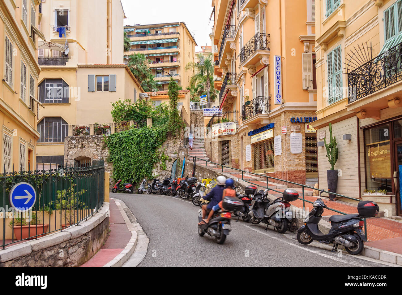 Rue Paradis on the steep, densely populated hillside of Monaco-Ville - Monaco Stock Photo