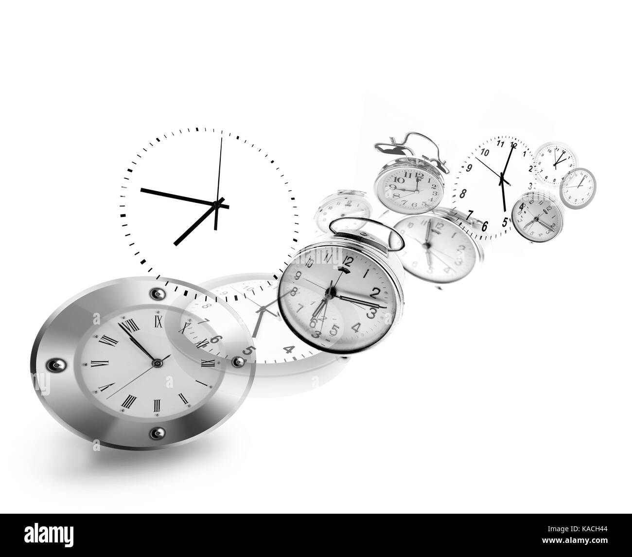 Assorted clocks on white background Stock Photo