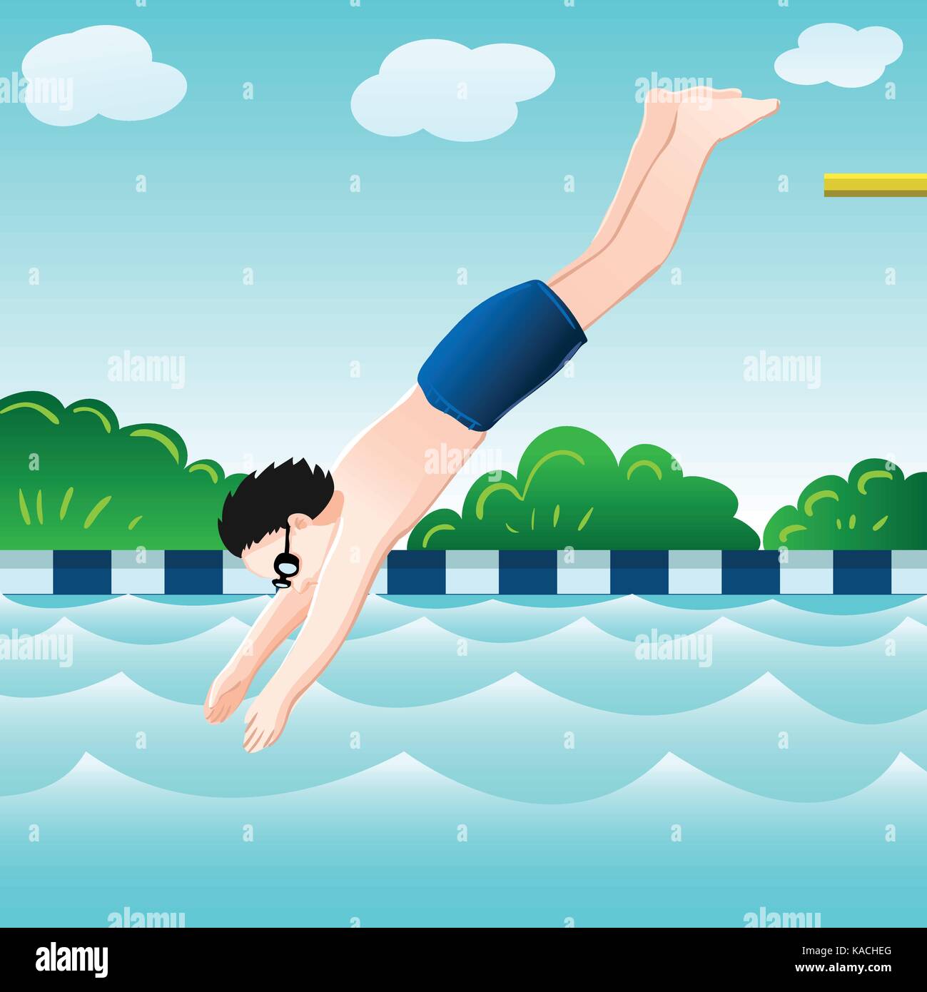 A boy jumping into water in swimming pool. vector illustration Stock